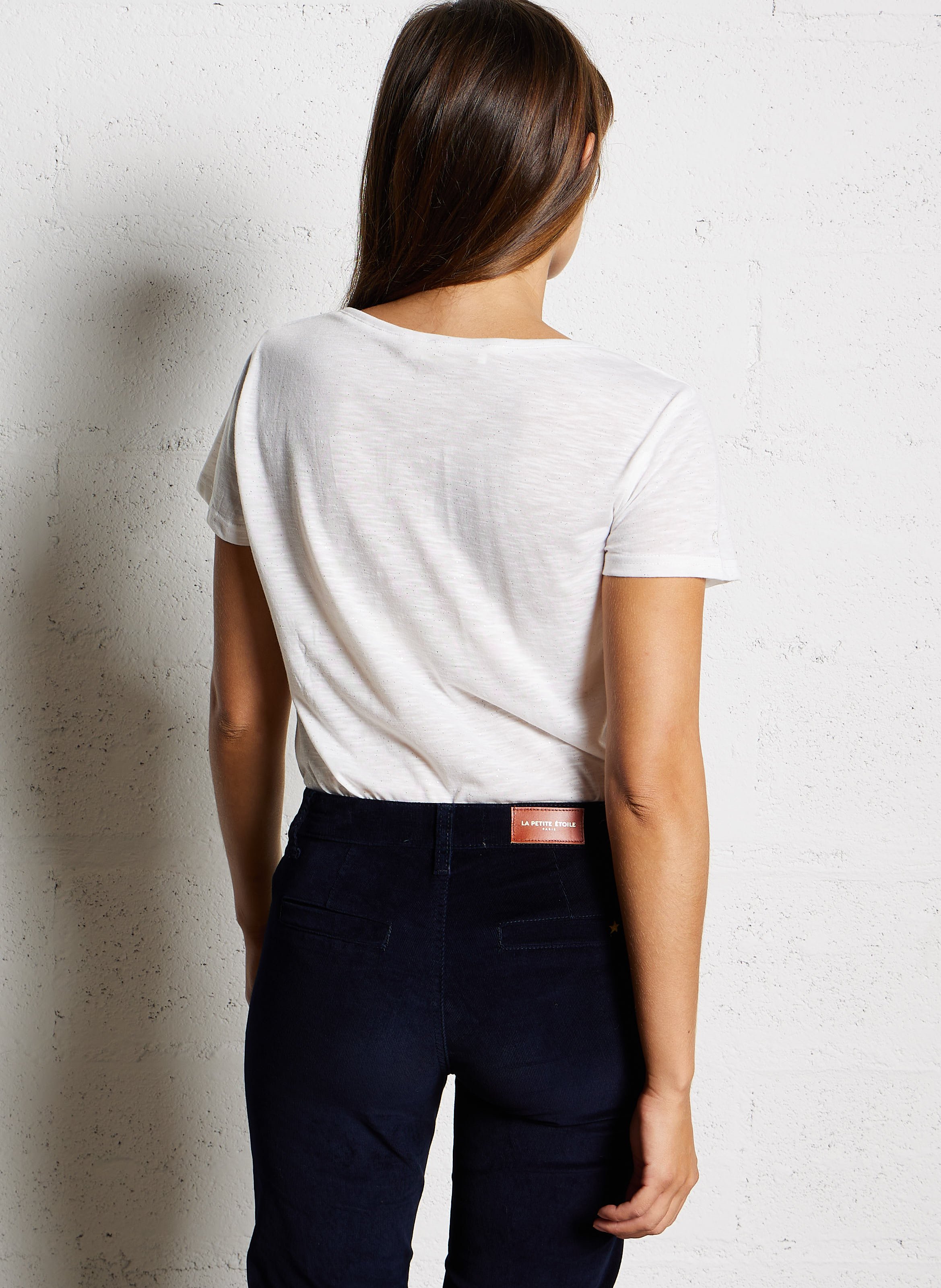 Tee-shirt col V droit pailleté LA PETITE ETOILE Blanc