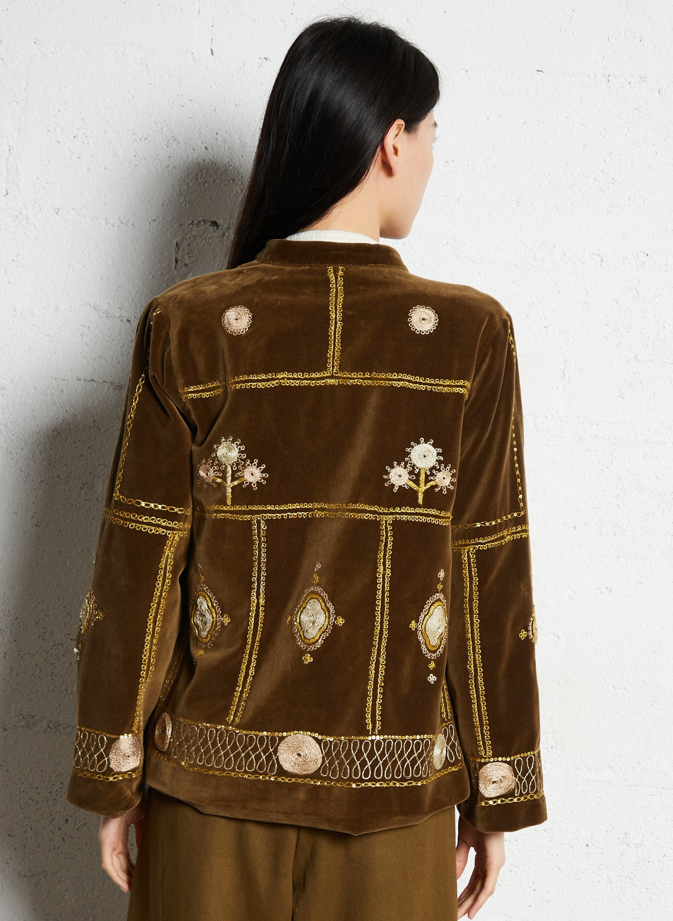 Straight velvet embroidered jacket V DE VINSTER Khaki