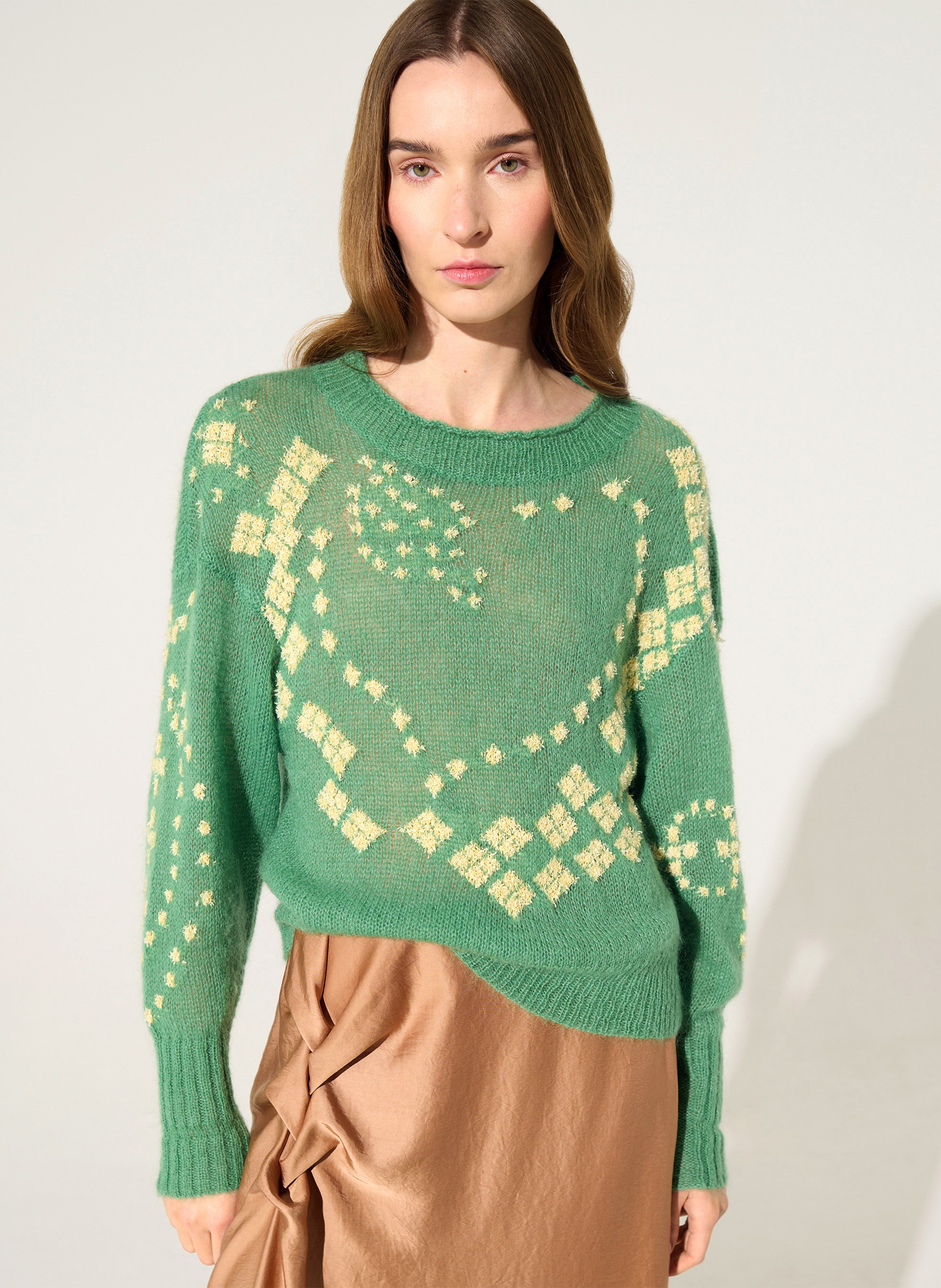 Oversized boat neck sweater with pattern COTELAC Green