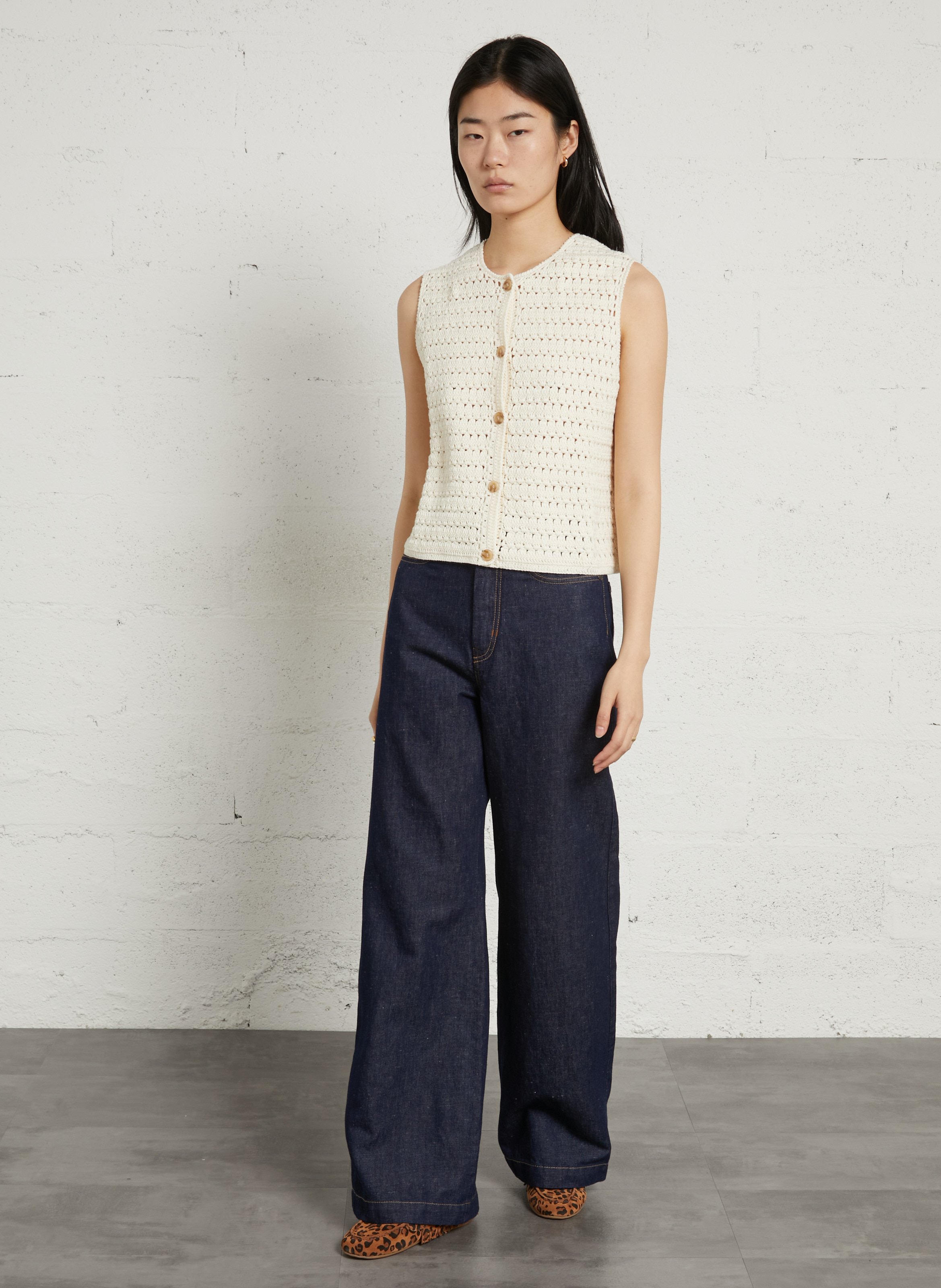 Gilet droit col rond en coton SUD EXPRESS Beige