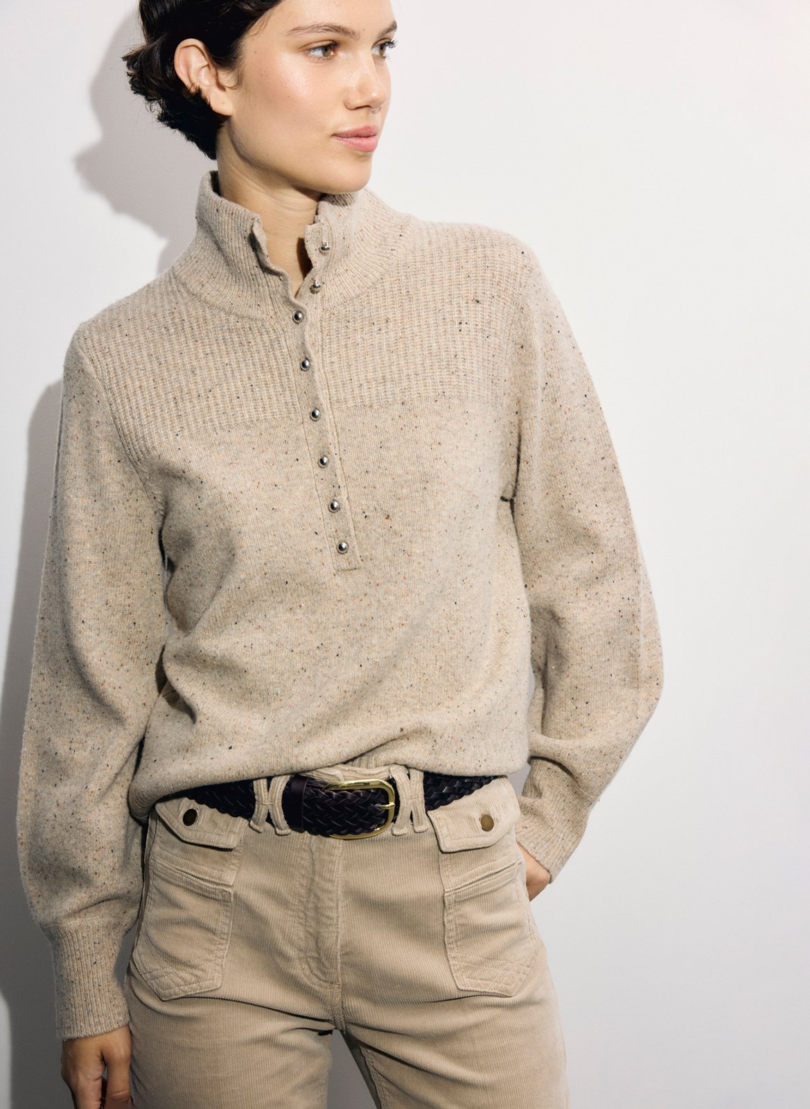 Pull droit col montant boutonné en laine GERARD DAREL Marron