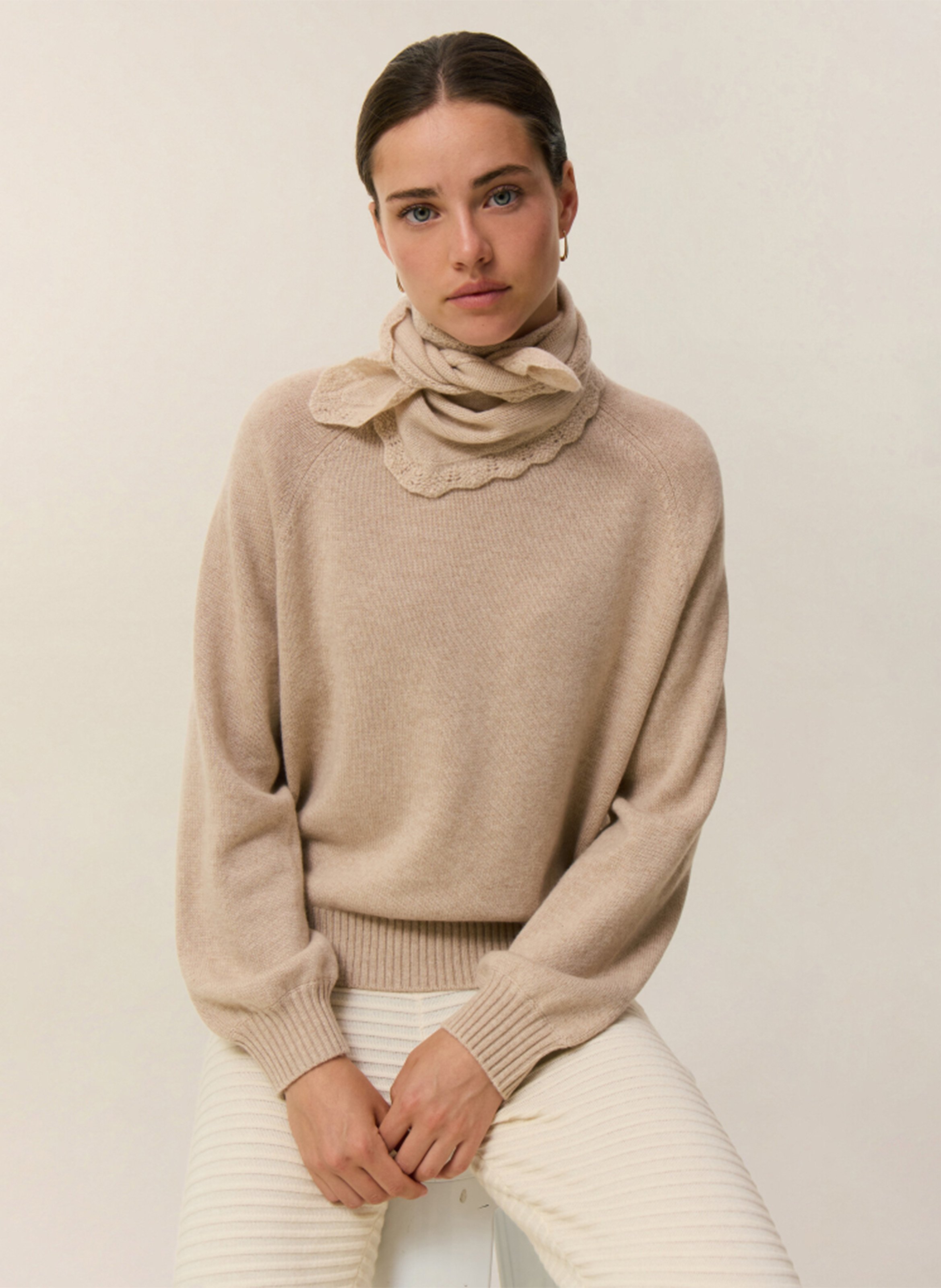 Bandana à bordure dentelle en cachemire HIRCUS Beige