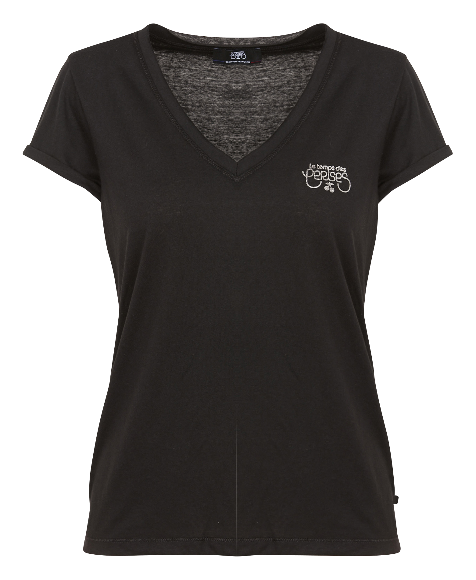 Straight V-neck T-shirt with screen print  Black