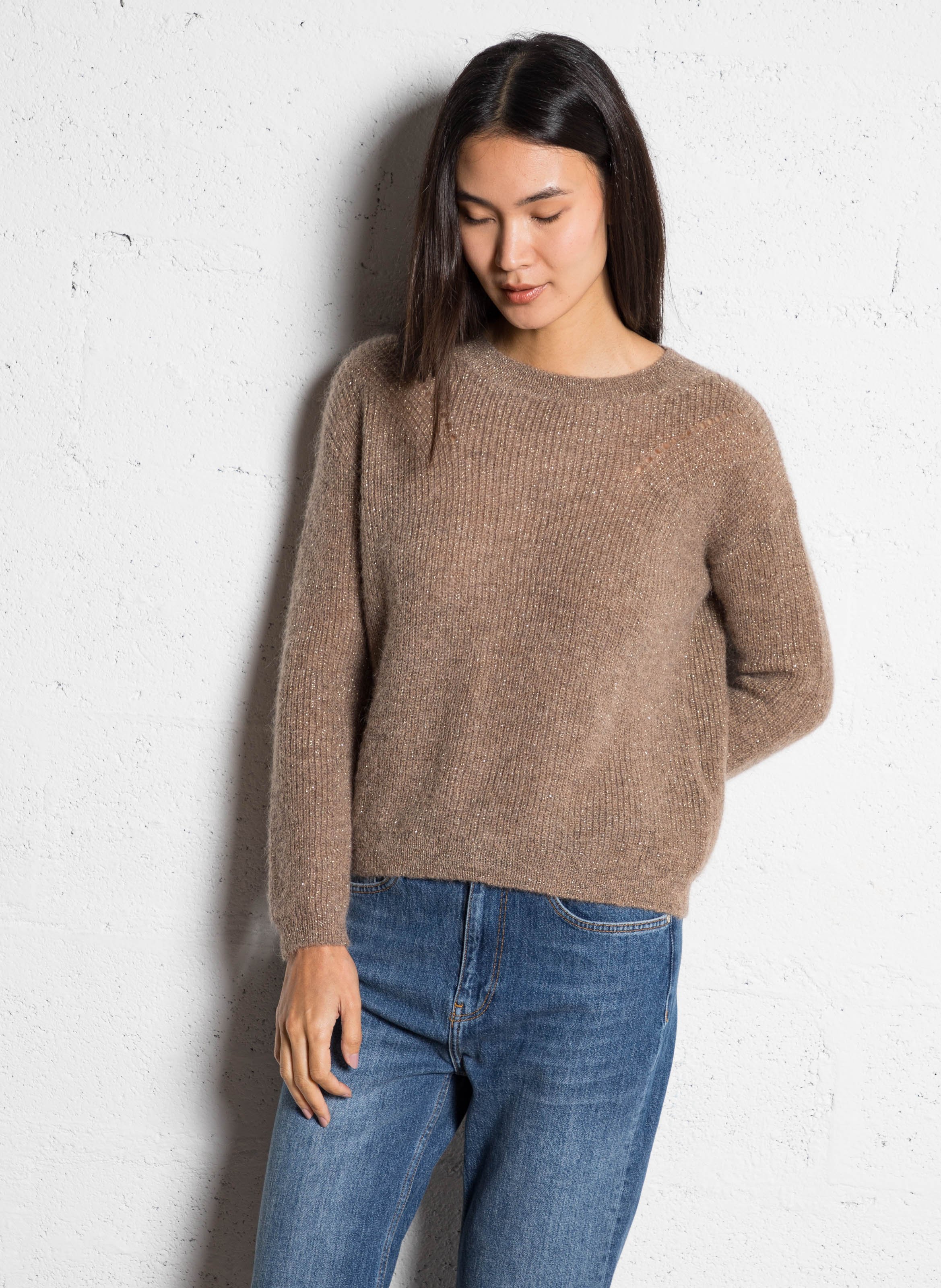 Pull ample col rond en maille métallisée  SUD EXPRESS Marron