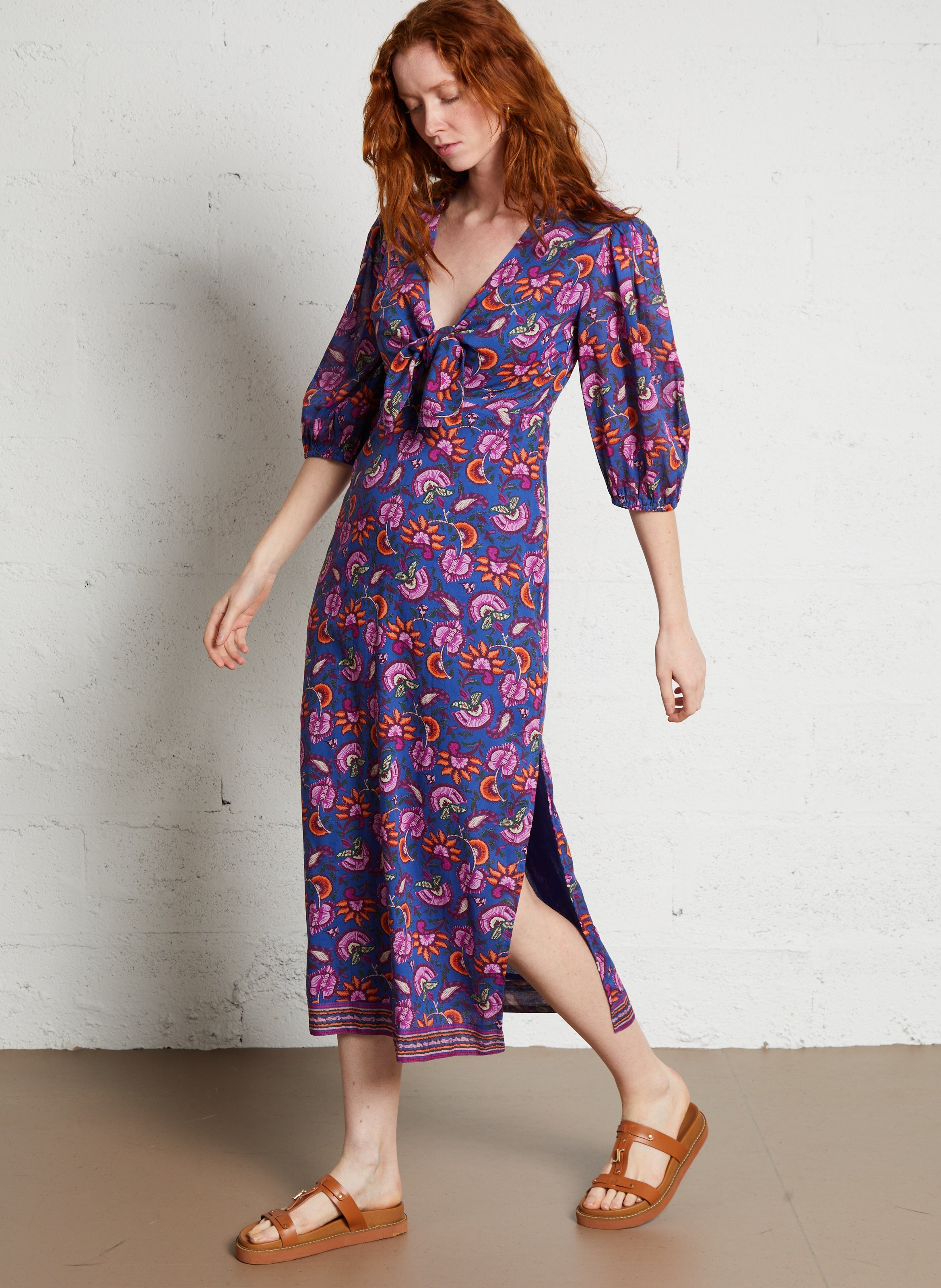 Robe midi col V à imprimé floral en coton organique LOUISE MISHA Multicolore