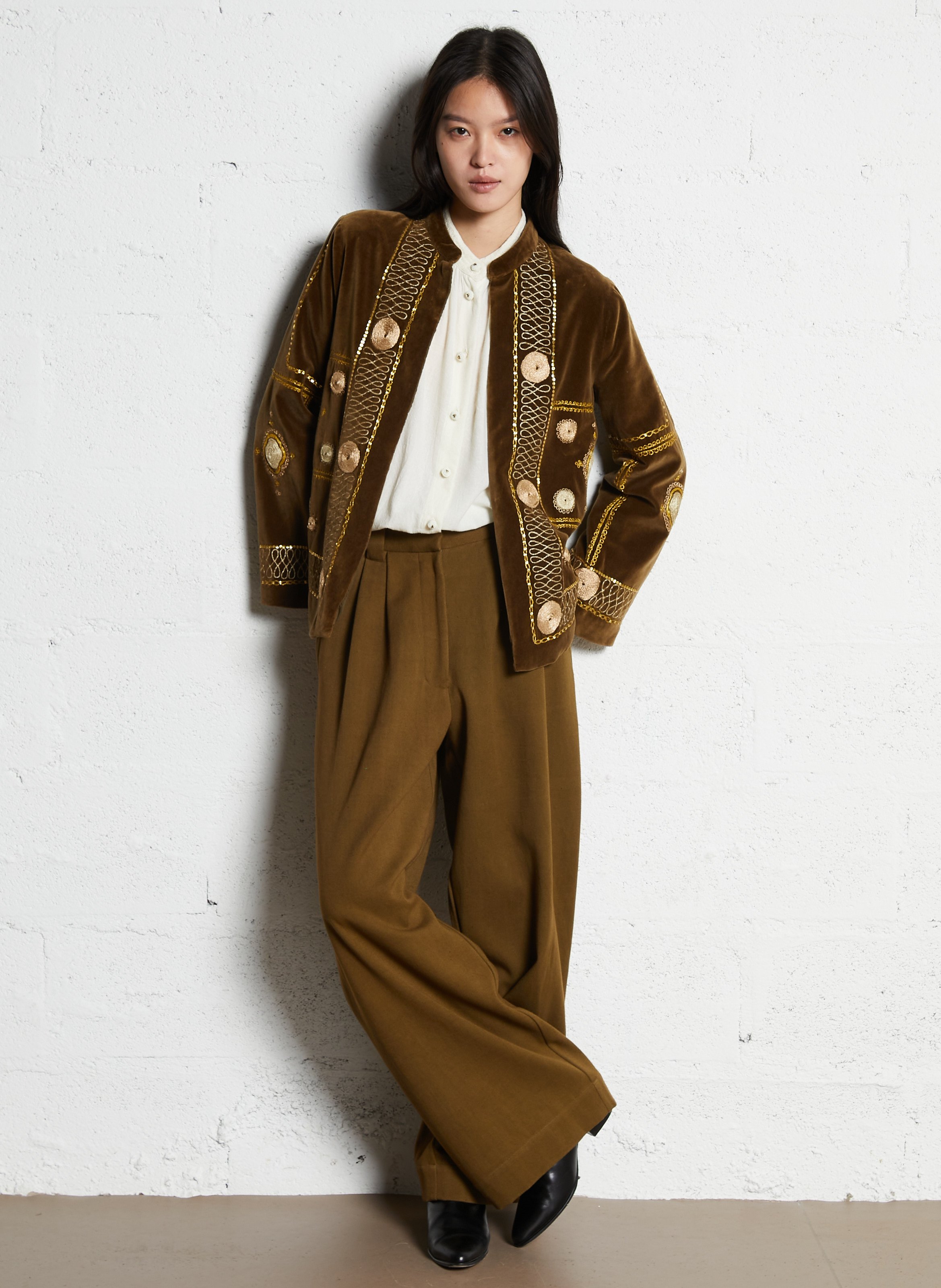 Straight velvet embroidered jacket V DE VINSTER Khaki