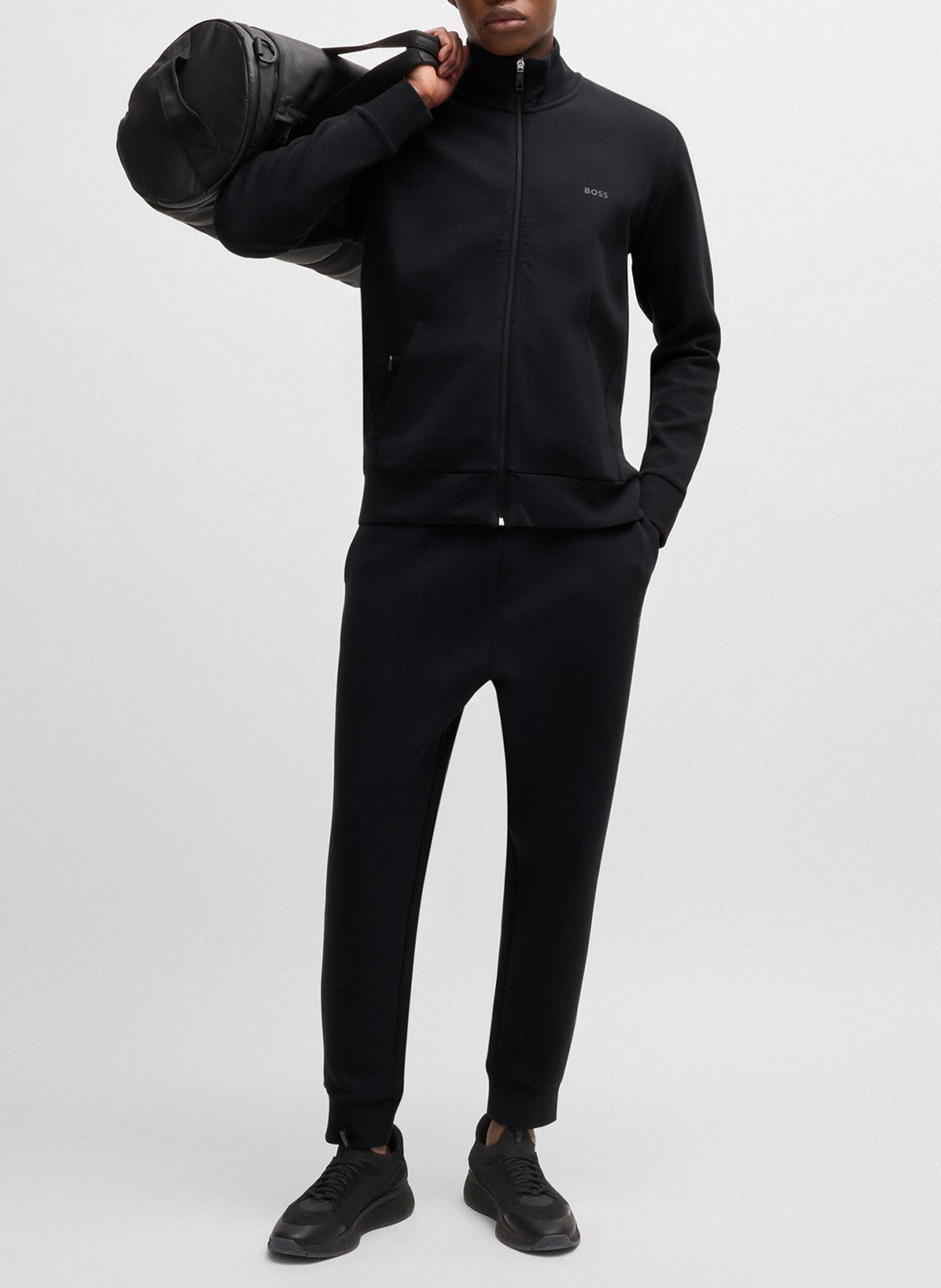 Screen-printed stretch cotton straight zipped sweater BOSS Black