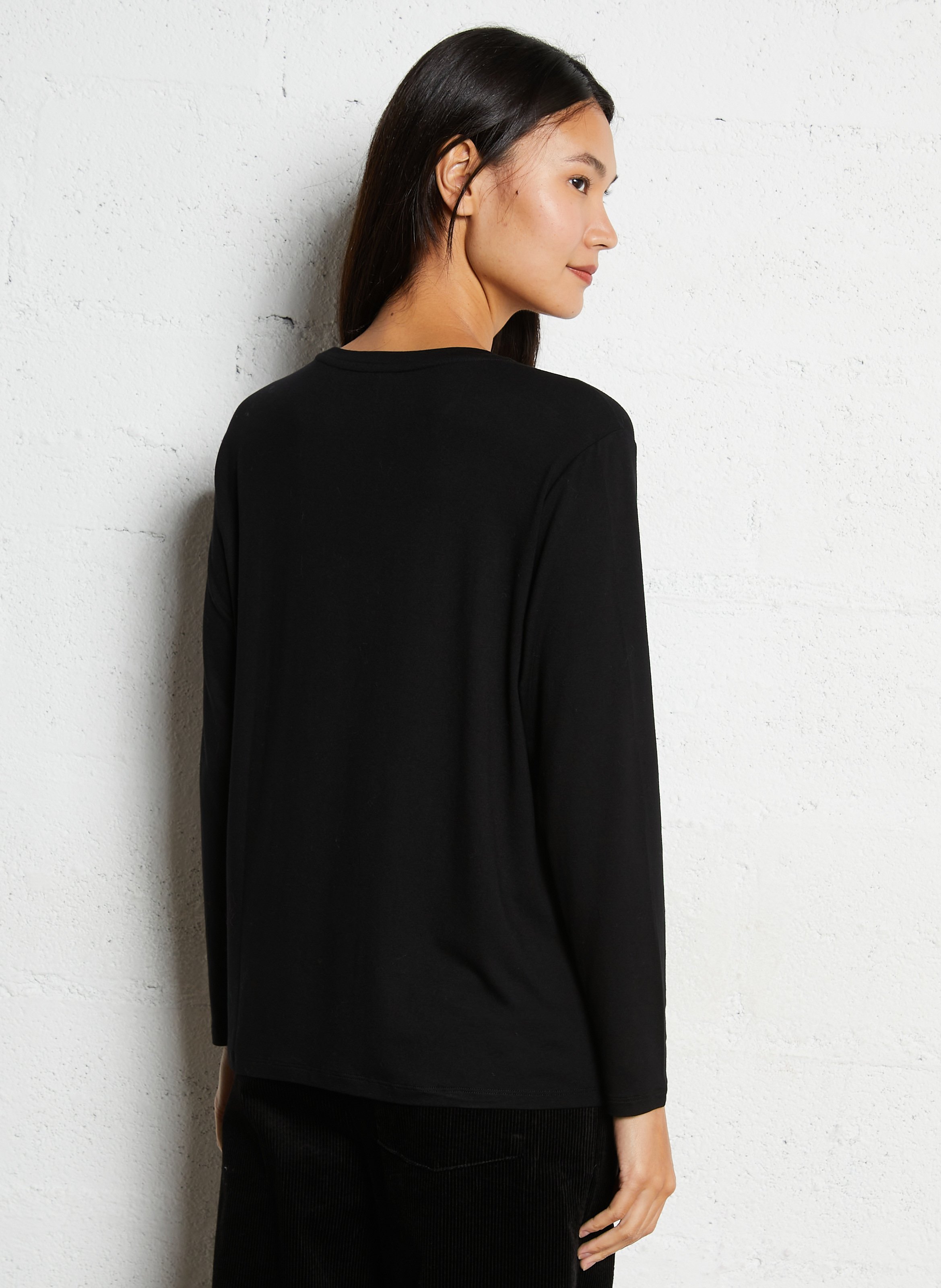 Tee-shirt manches longues col rond uni MAJESTIC FILATURES Noir