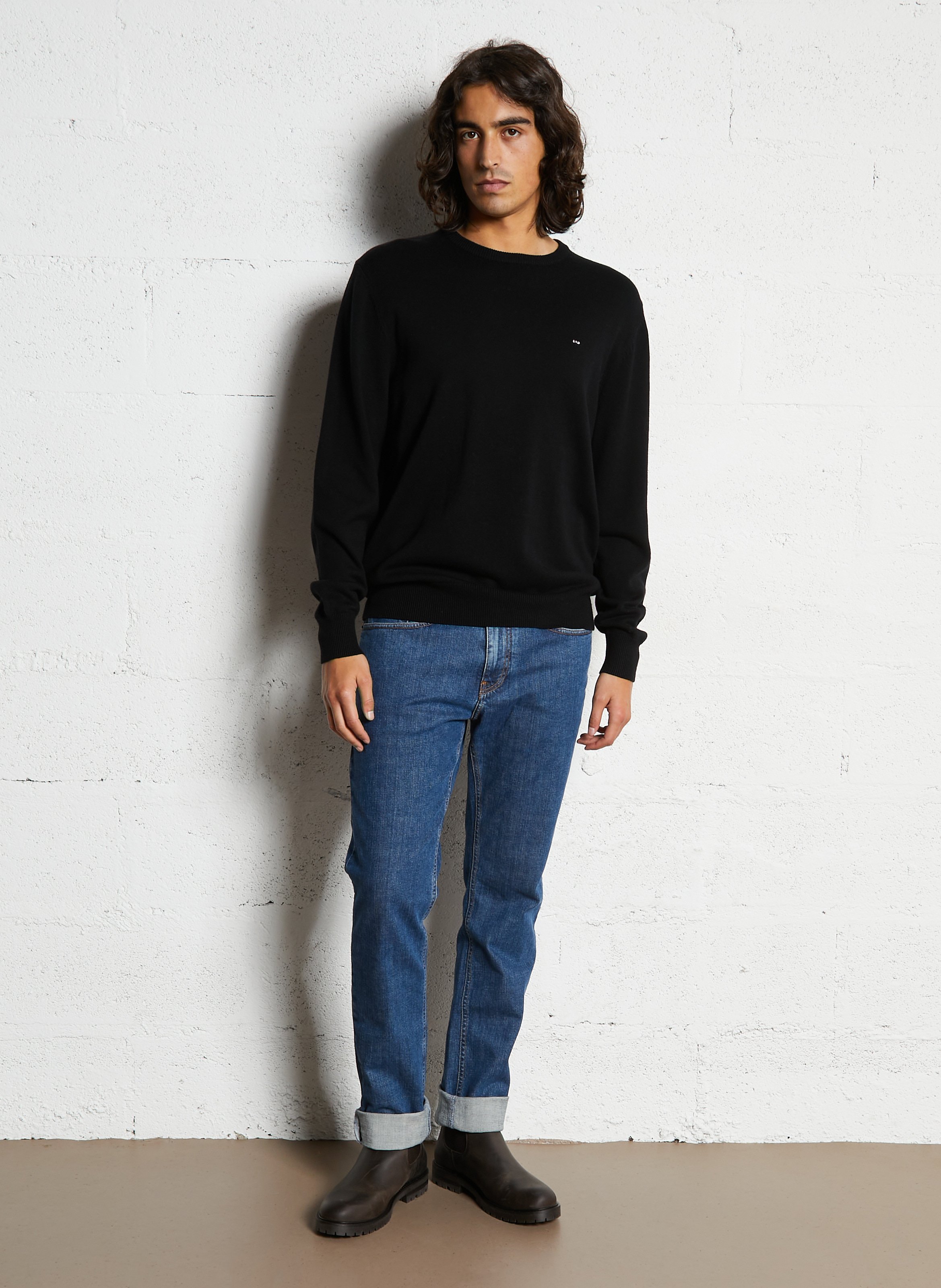 Pull droit col rond en laine et coton EDEN PARK Noir