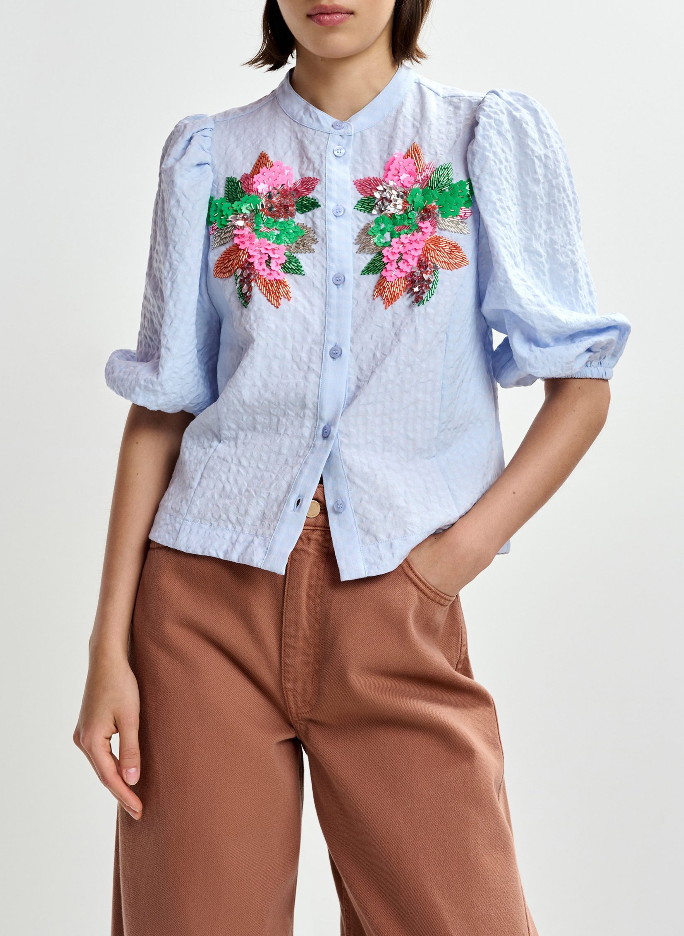 Chemise droite col rond brodé ESSENTIEL ANTWERP Bleu