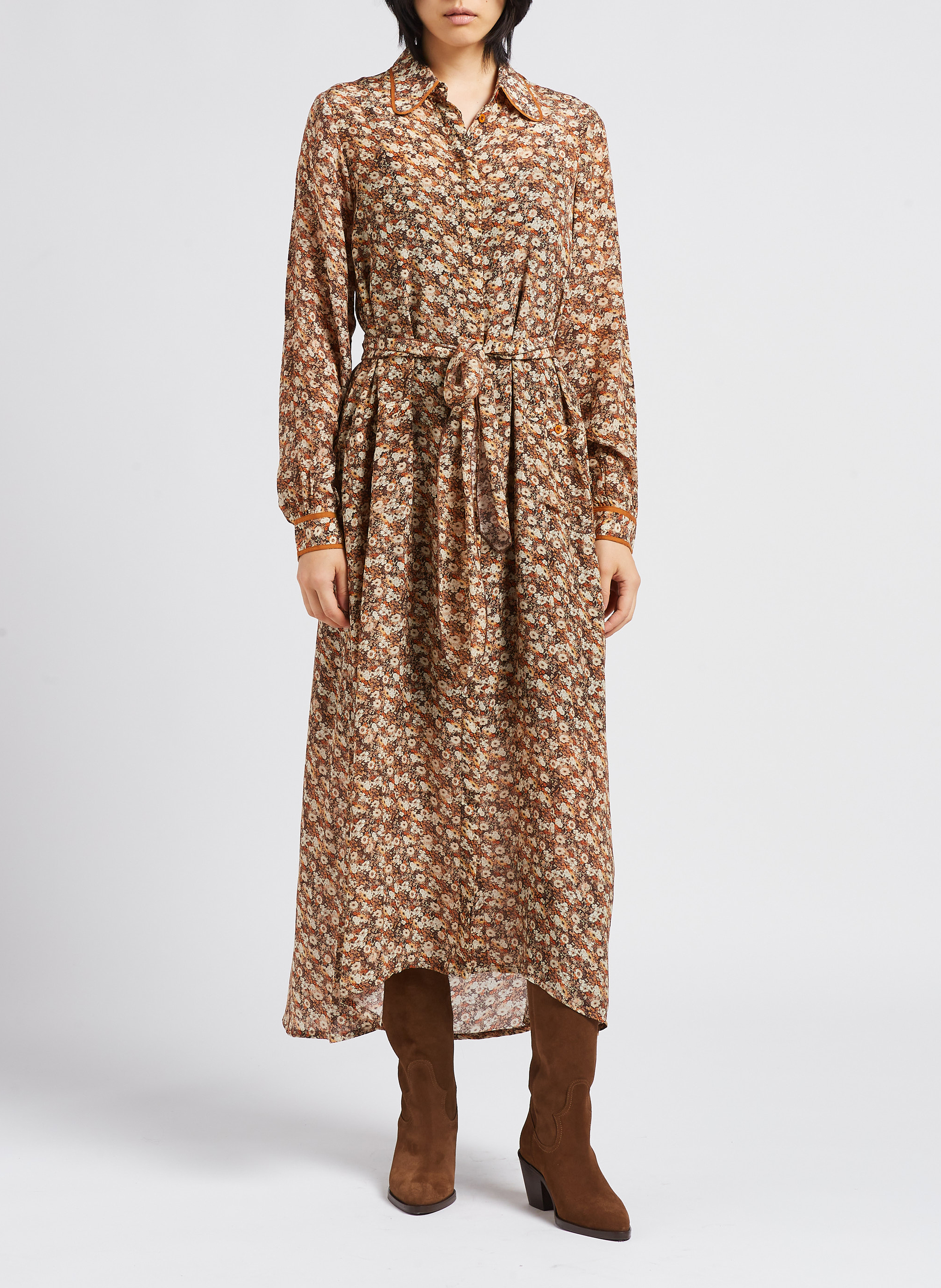 Robe longue col classique imprimée SWILDENS Orange