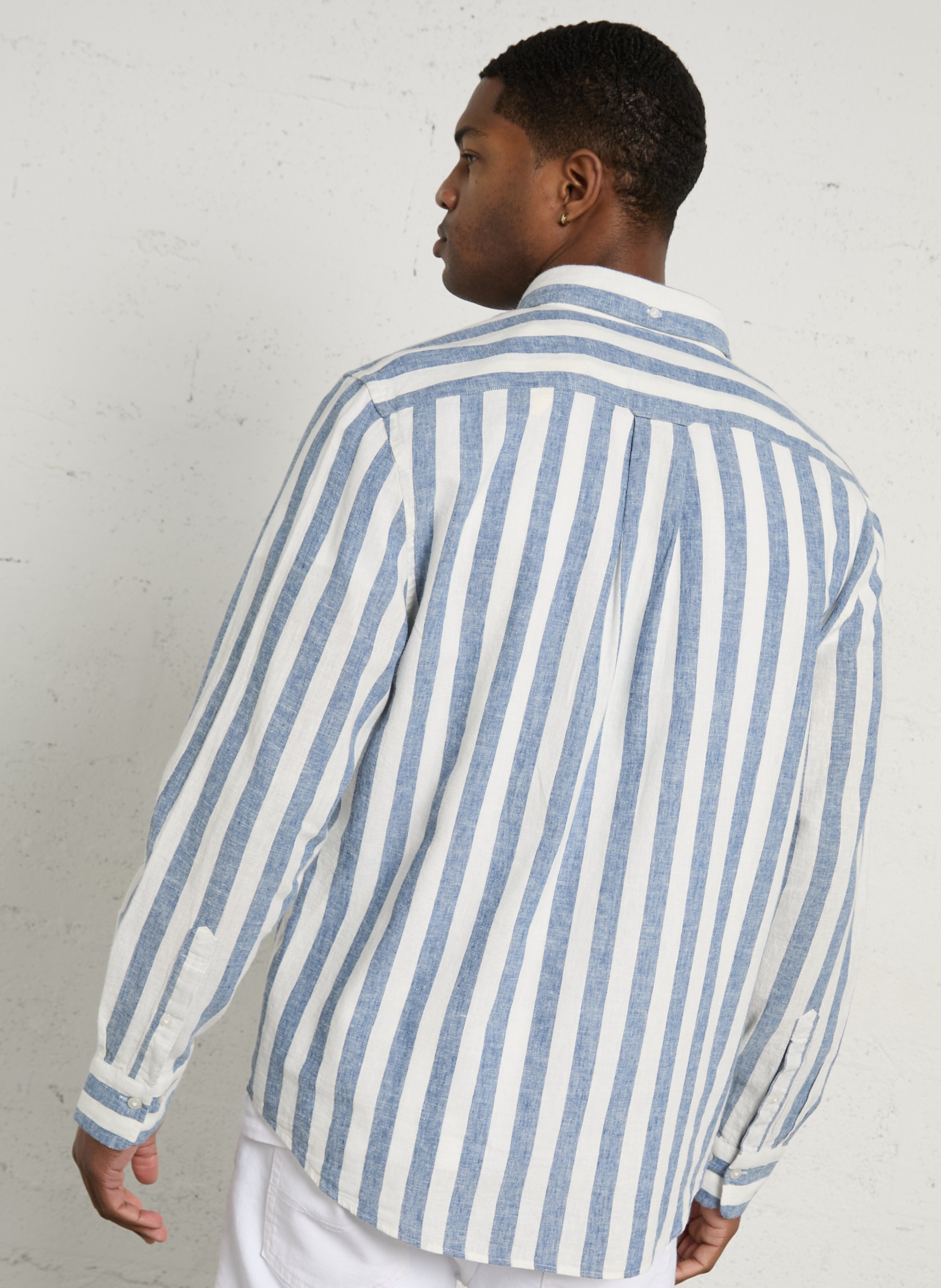 Chemise regular-fit col américain rayée en lin et coton GANT Bleu