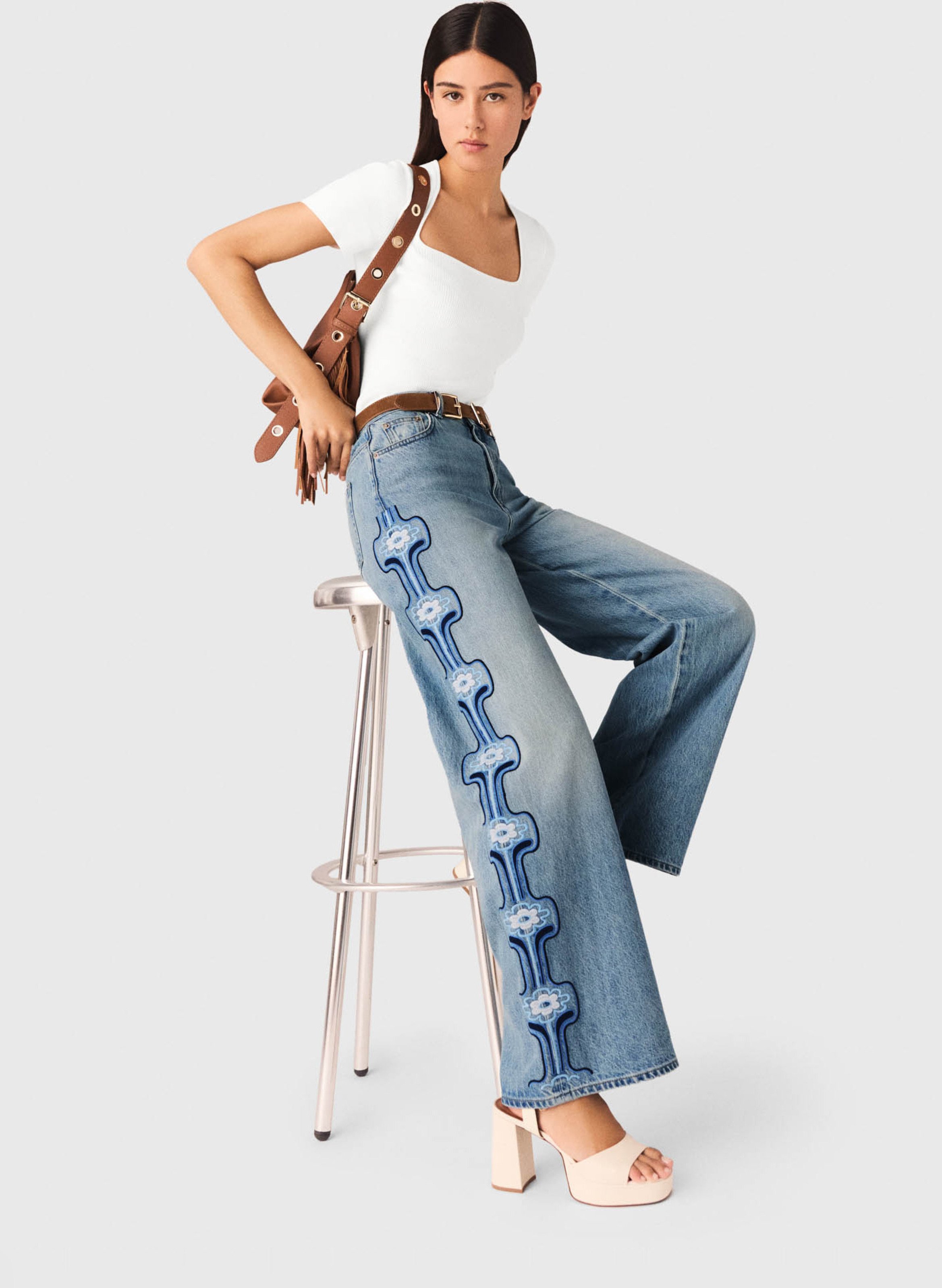 High-waisted wide-leg embroidered jeans MAJE Blue