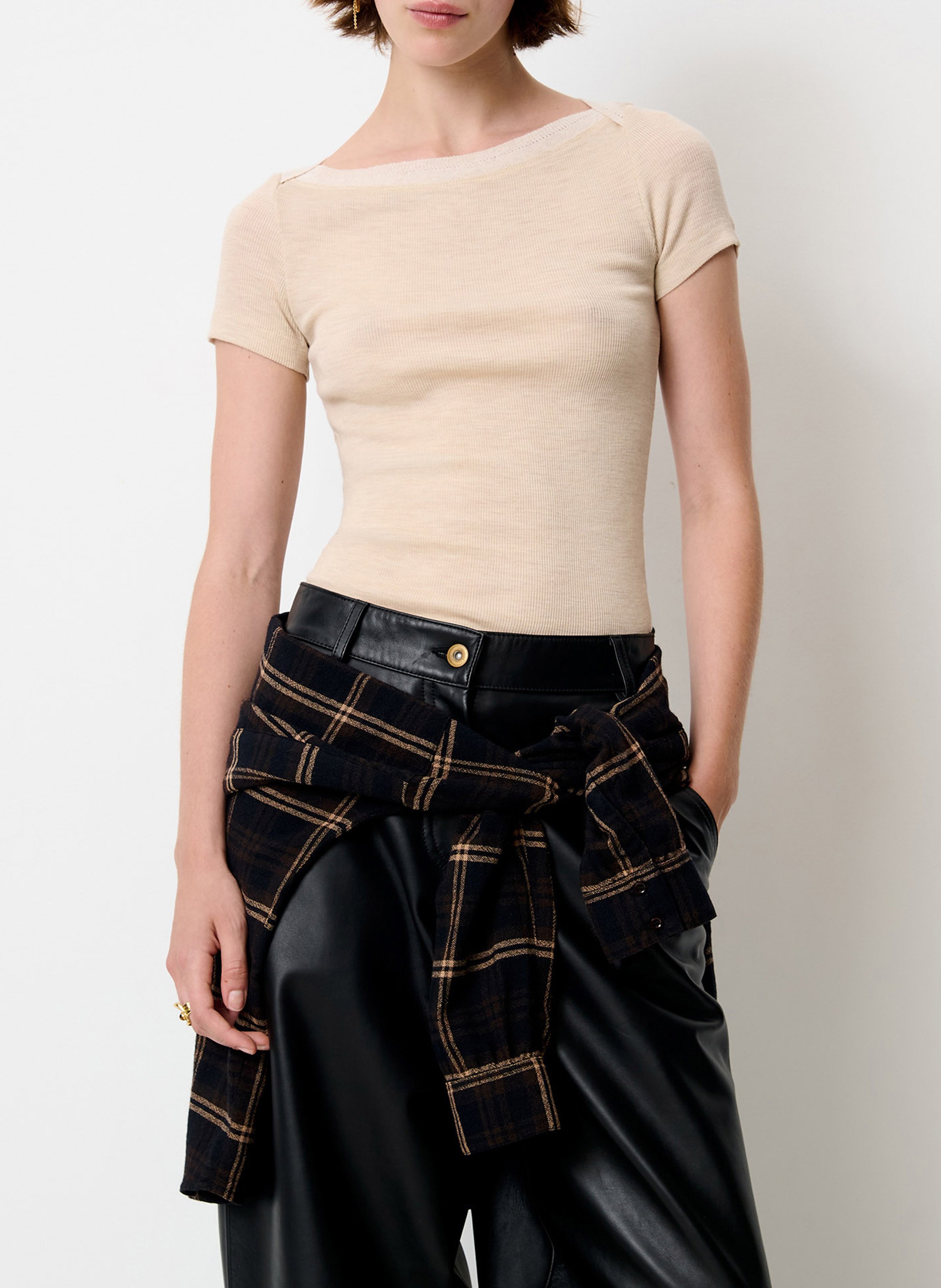 Gerade geschnittenes Rundhals-Top aus Strick SESSUN Beige