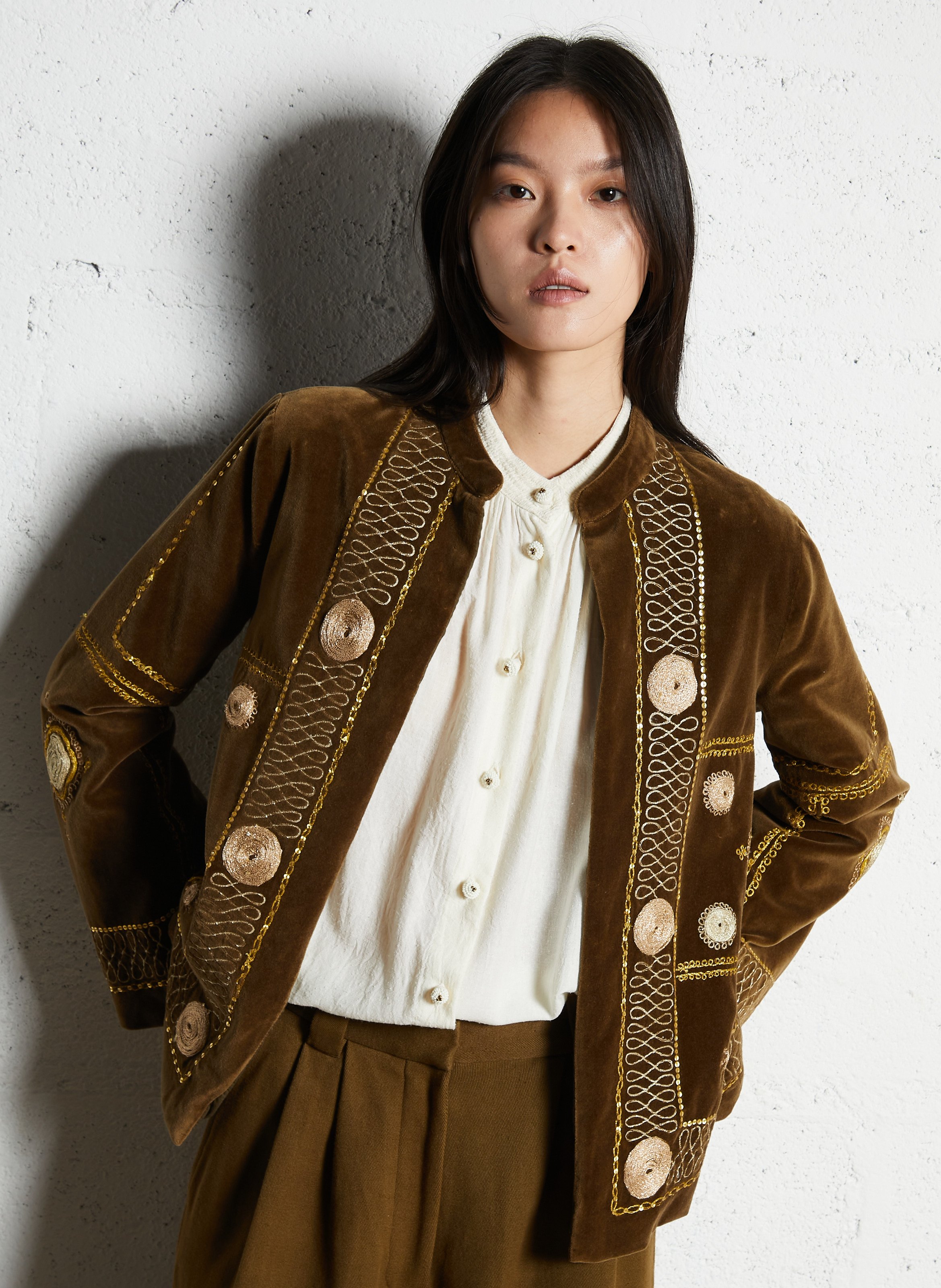 Straight velvet embroidered jacket V DE VINSTER Khaki