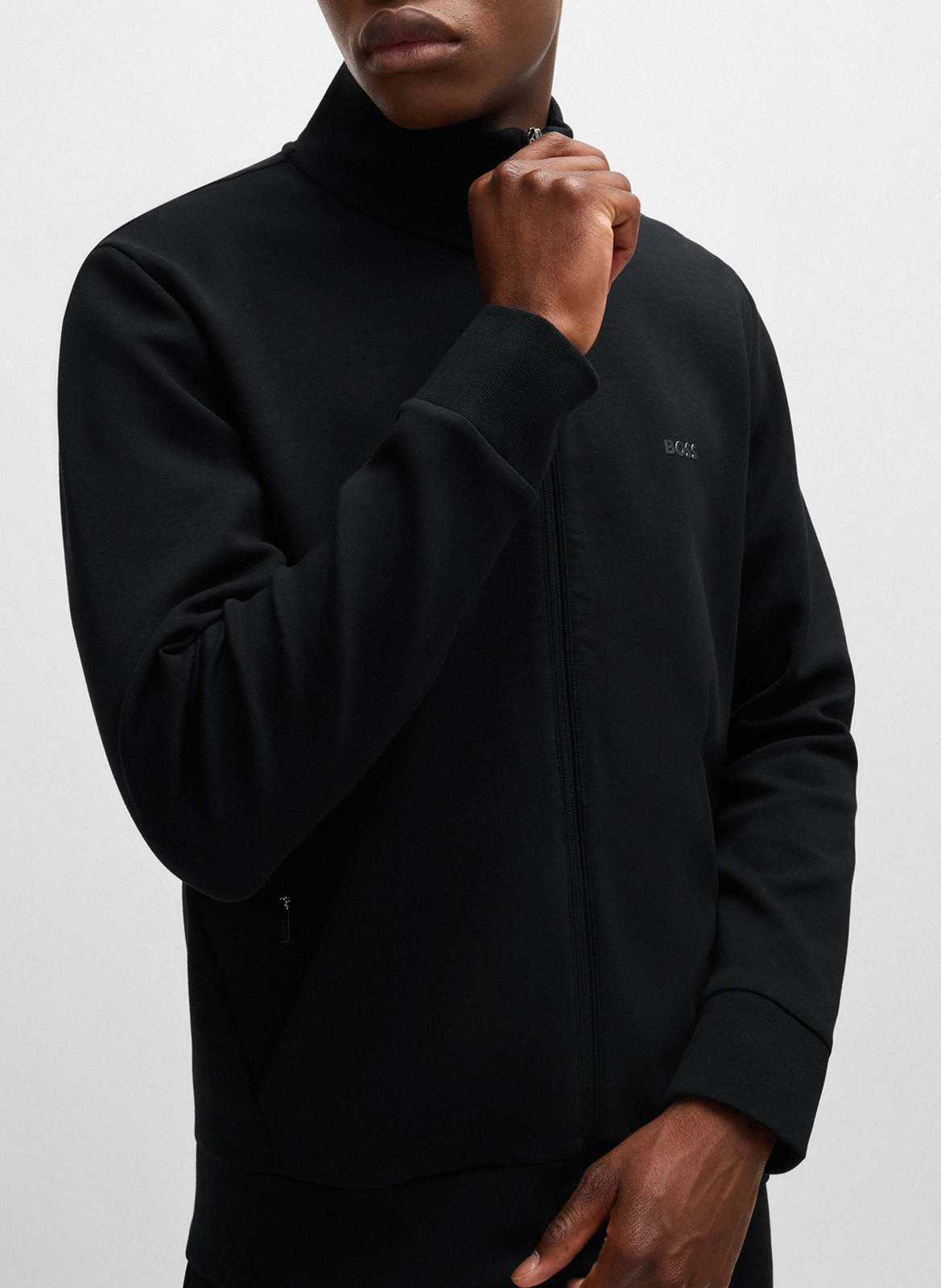 Screen-printed stretch cotton straight zipped sweater BOSS Black