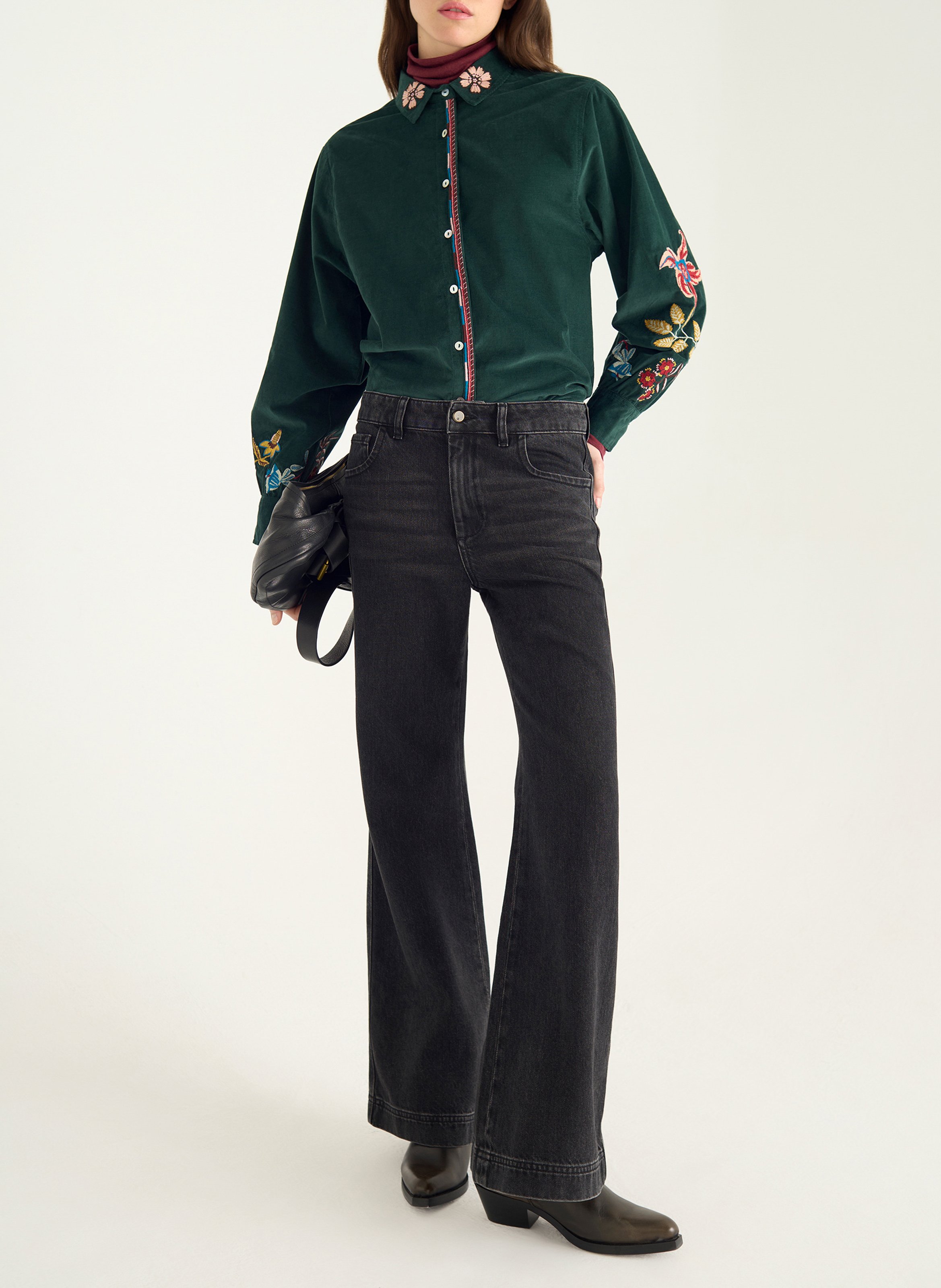 Chemise droite unie à broderies COTELAC Vert