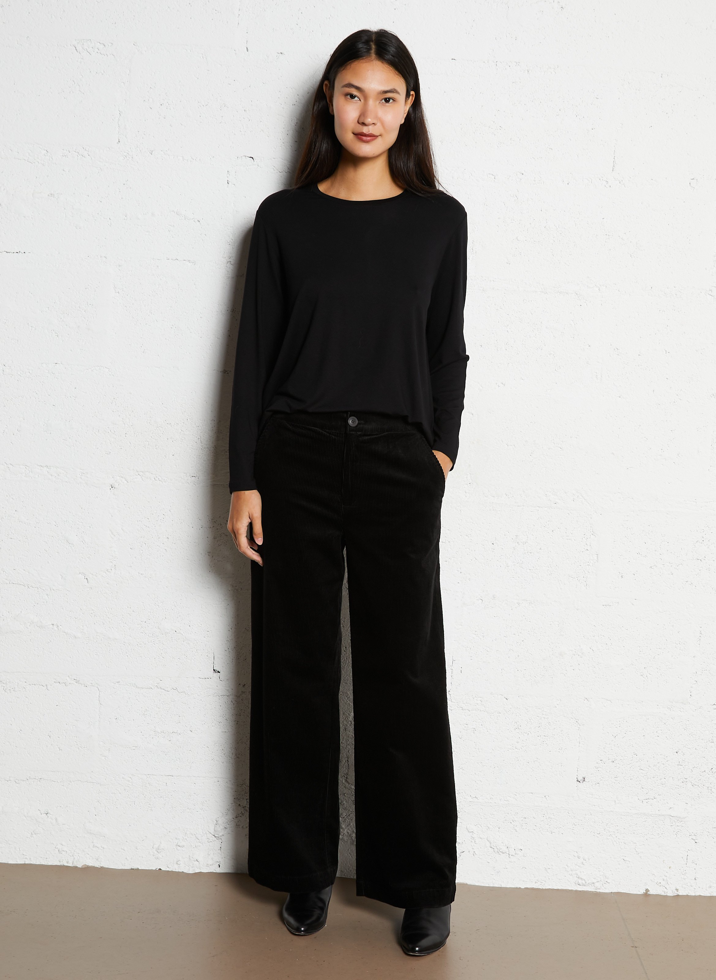 Tee-shirt manches longues col rond uni MAJESTIC FILATURES Noir