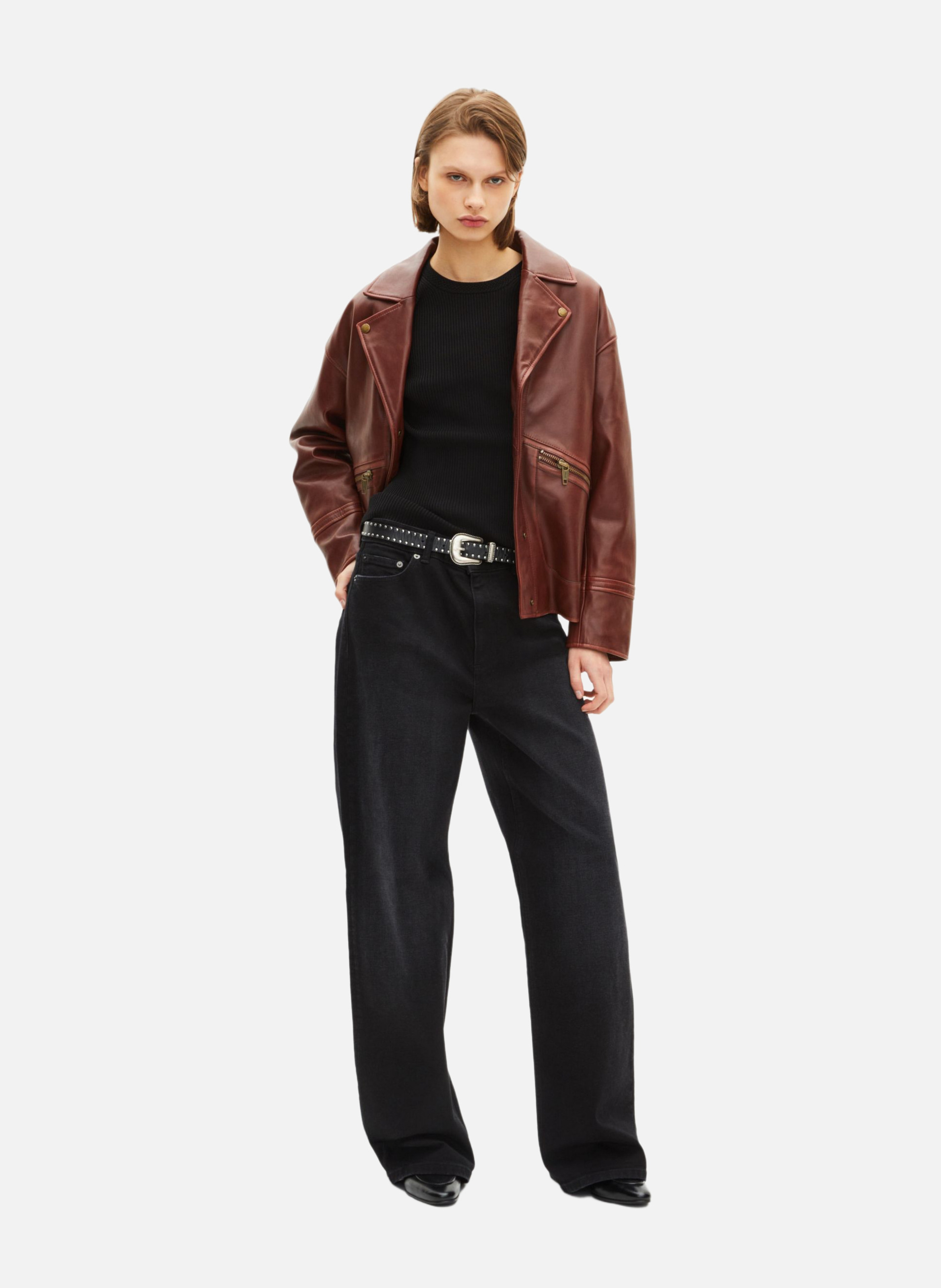 Oversized leather jacket THE KOOPLES Brown