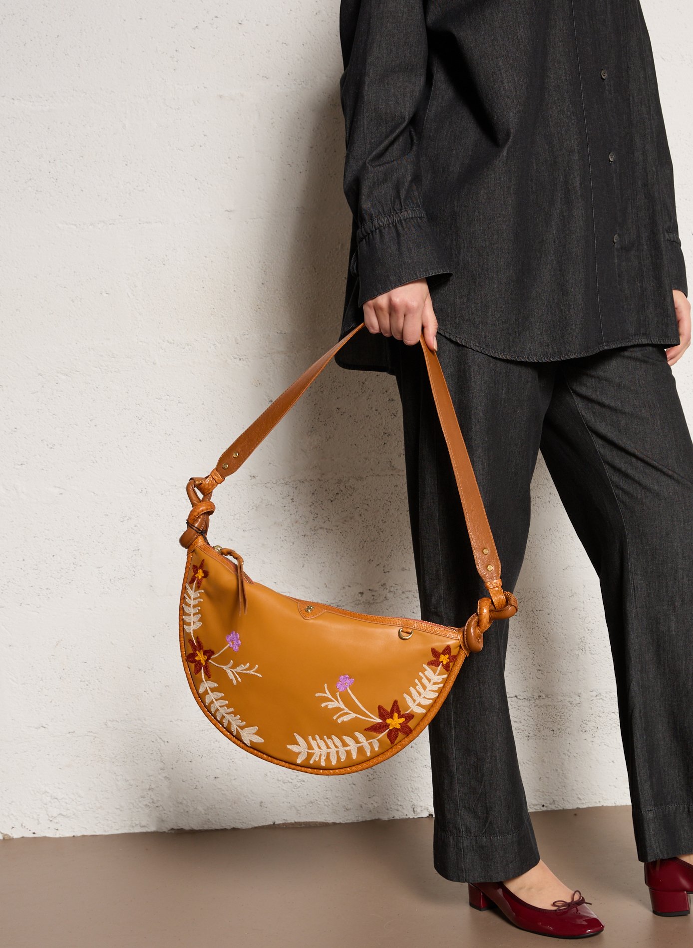 Half-moon embroidered leather bag CLARIS VIROT Brown