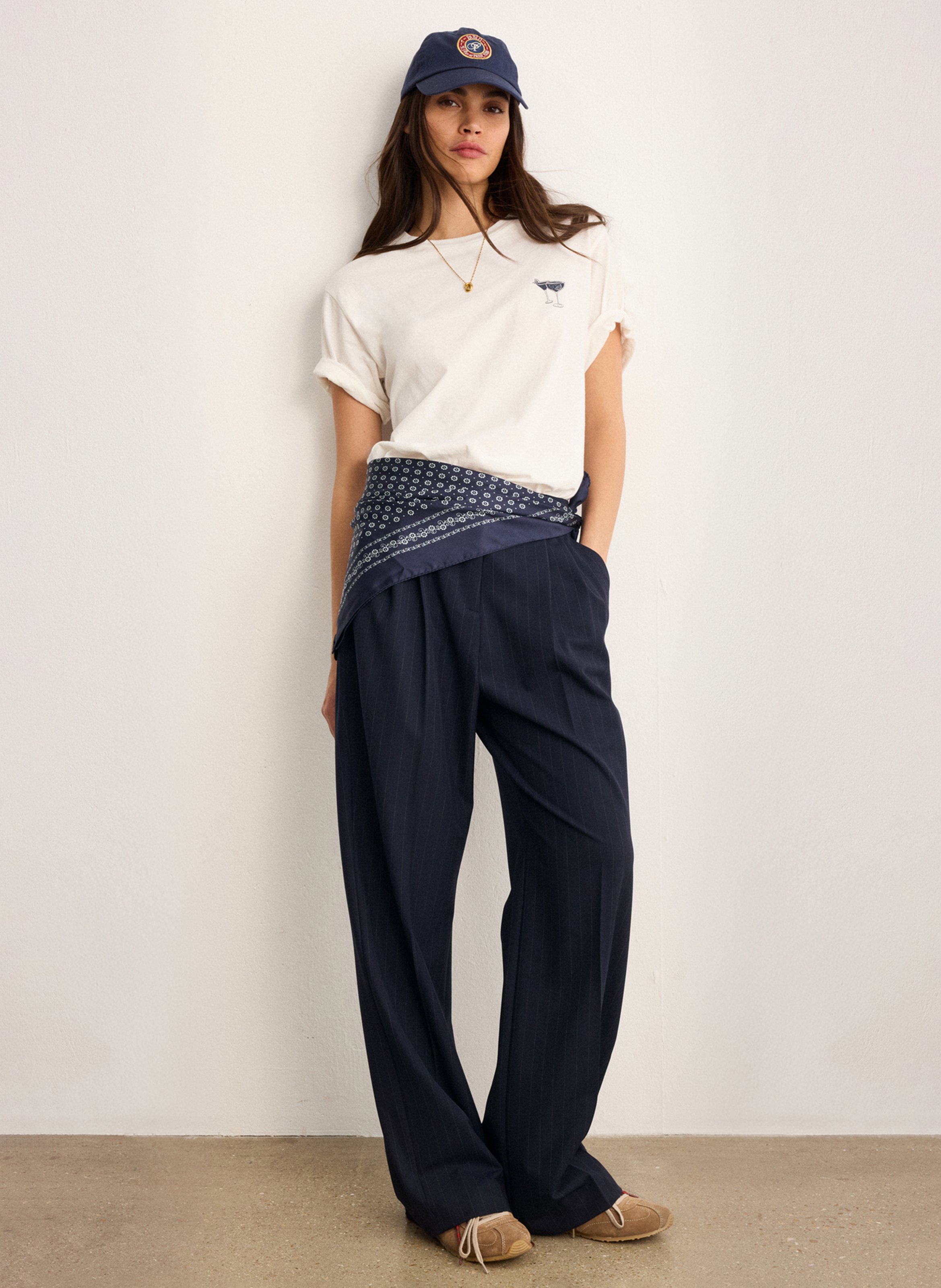 Rechte, gestreepte broek met hoge taille PABLO Blauw