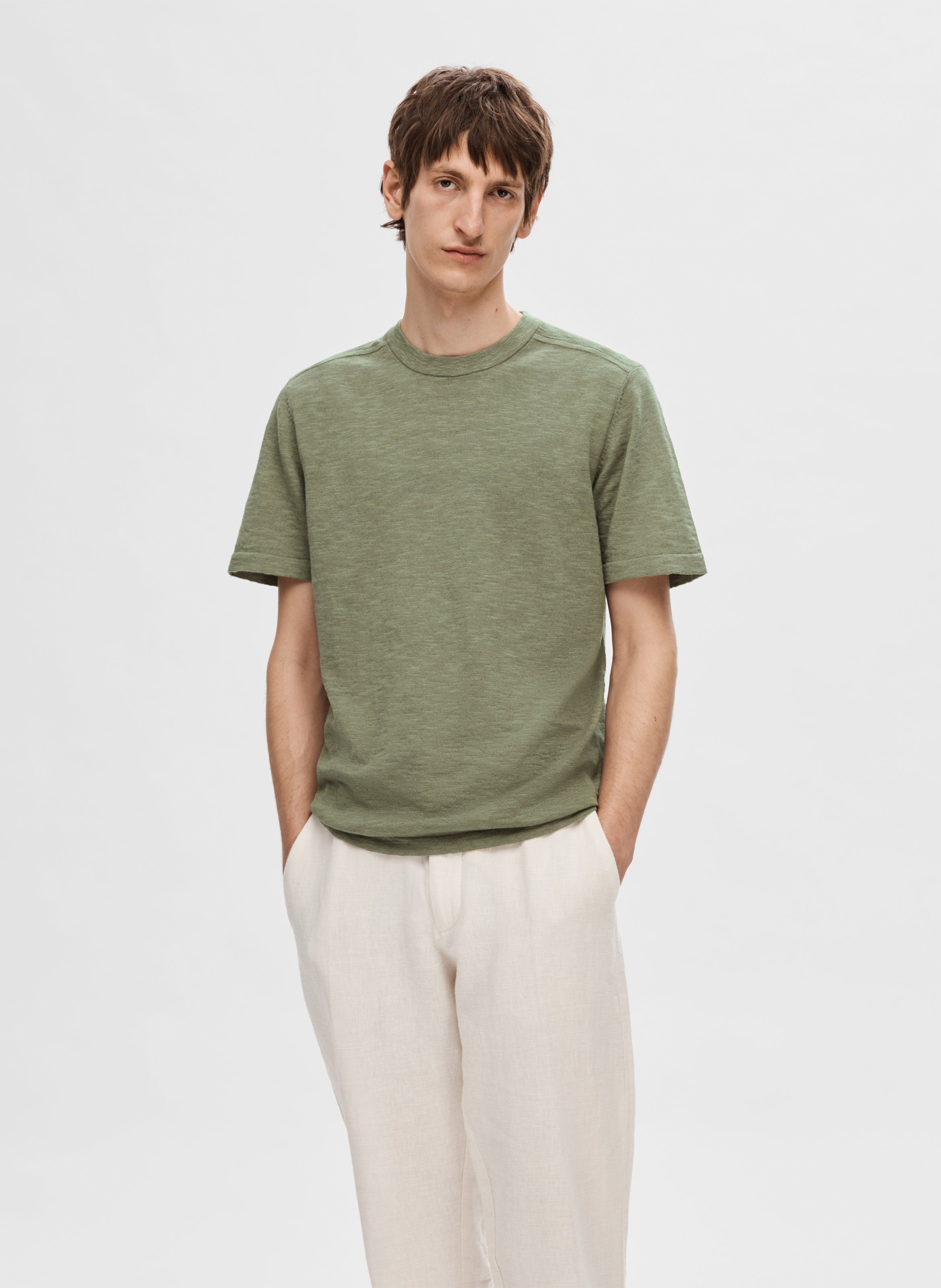 Straight cotton-blend round-neck T-shirt SELECTED Grey