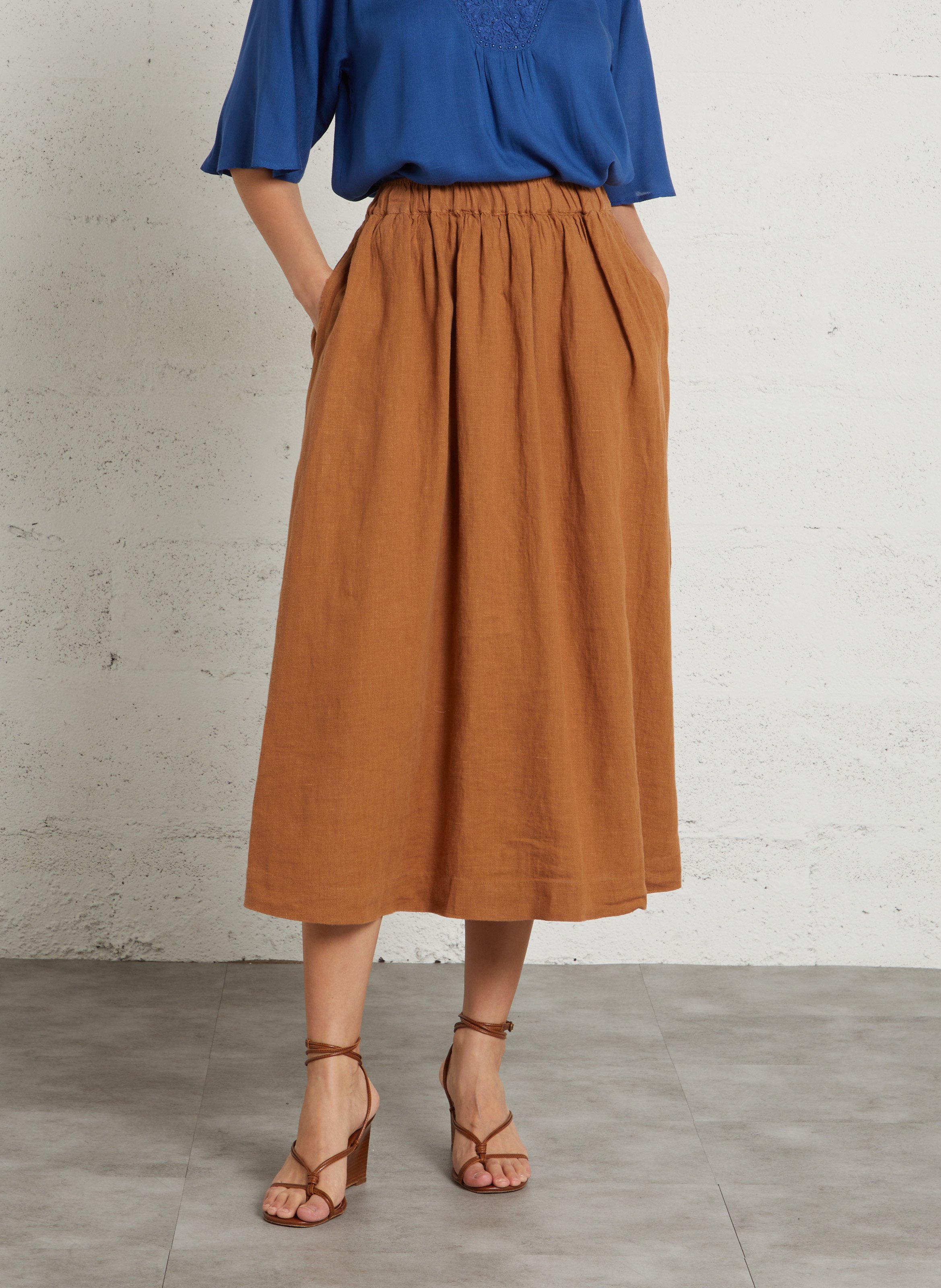 Uni linnen midi rok MAISON 123 Bruin