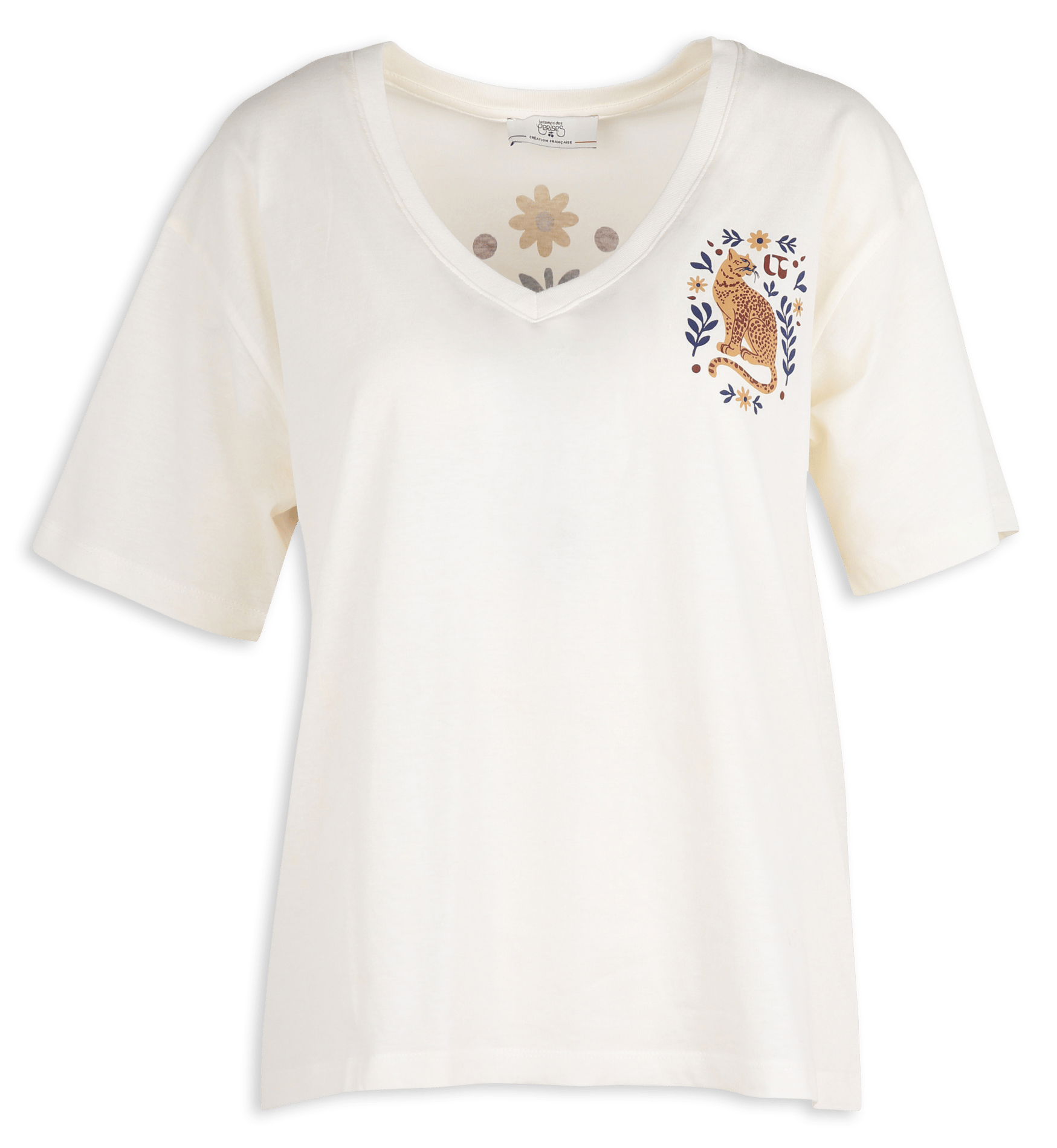 Straight V-neck printed cotton t-shirt LE TEMPS DES CERISES Brown