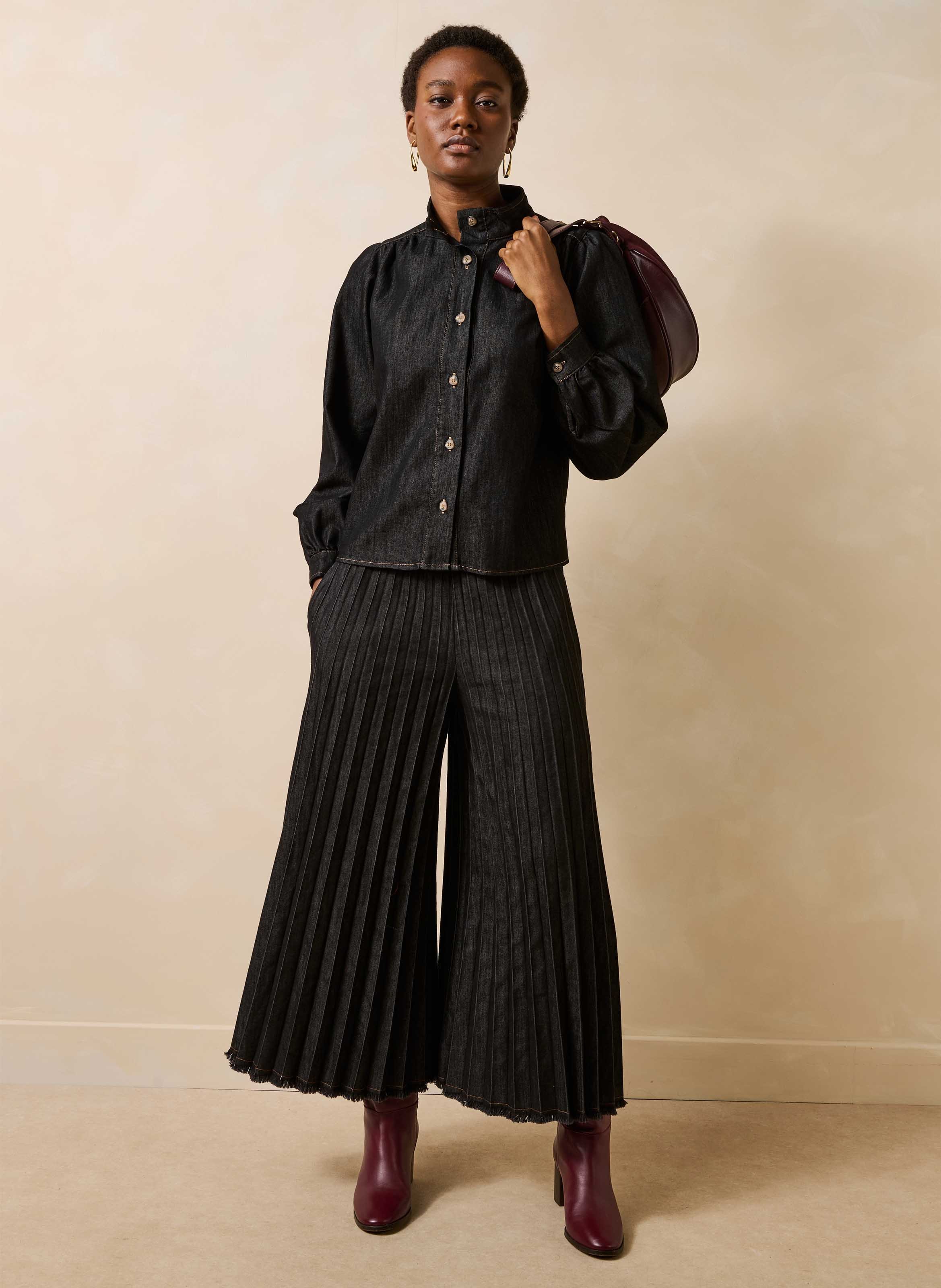 Chemise droite col montant en coton mélangé LA FEE MARABOUTEE Noir