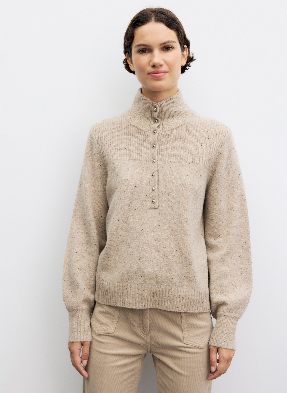 Pull droit col montant boutonné en laine GERARD DAREL Marron