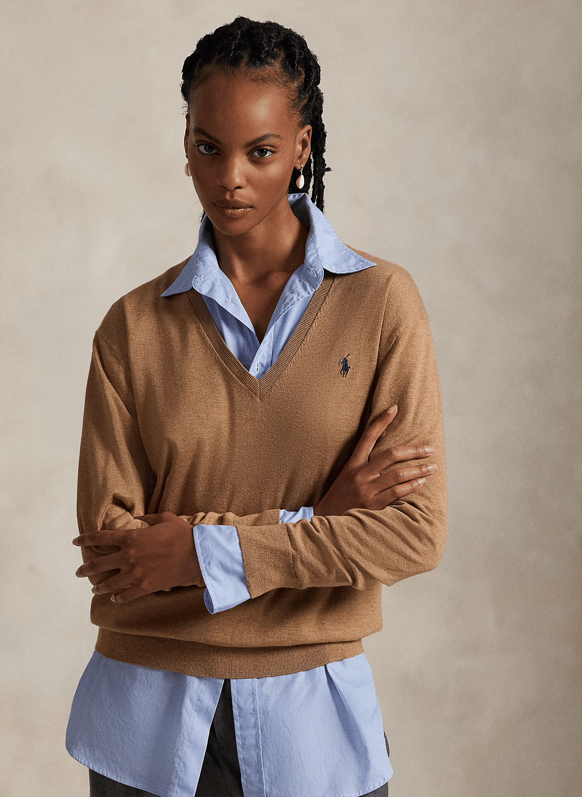 Pull col V en coton POLO RALPH LAUREN Beige