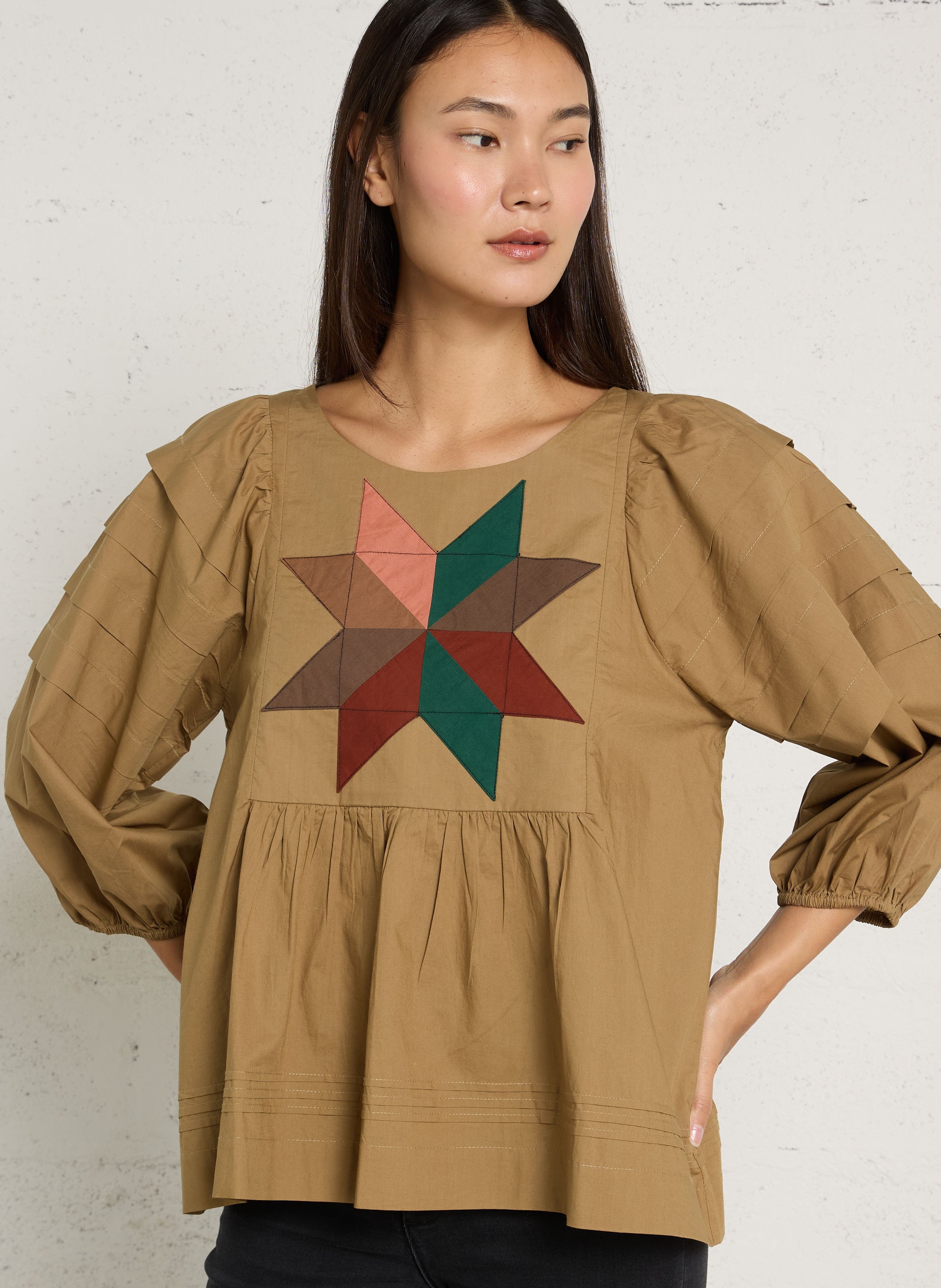 Ruim geborduurde blouse van biologisch katoen LEON & HARPER Beige