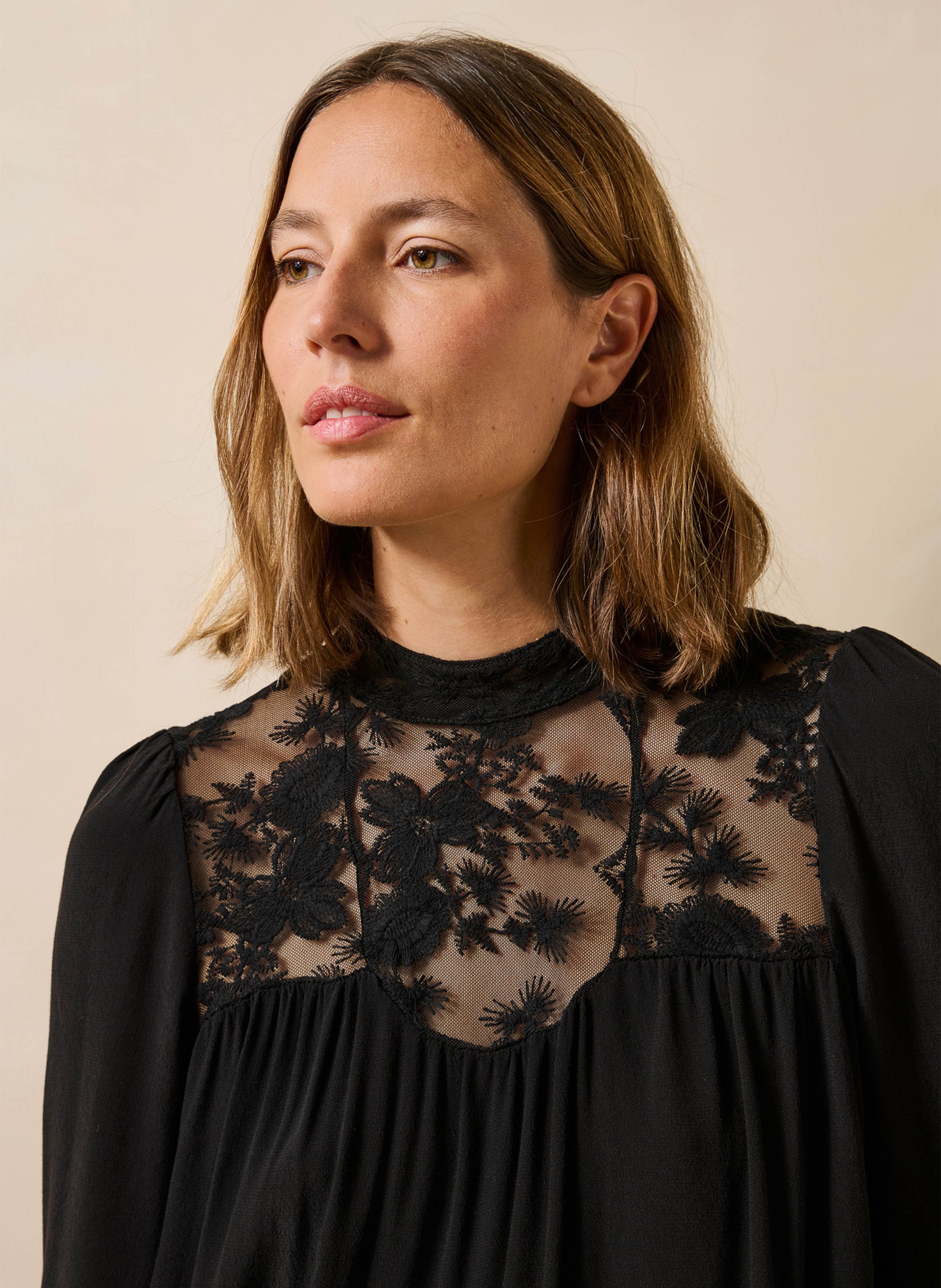 Lange mouwen kanten blouse LA FEE MARABOUTEE Zwart