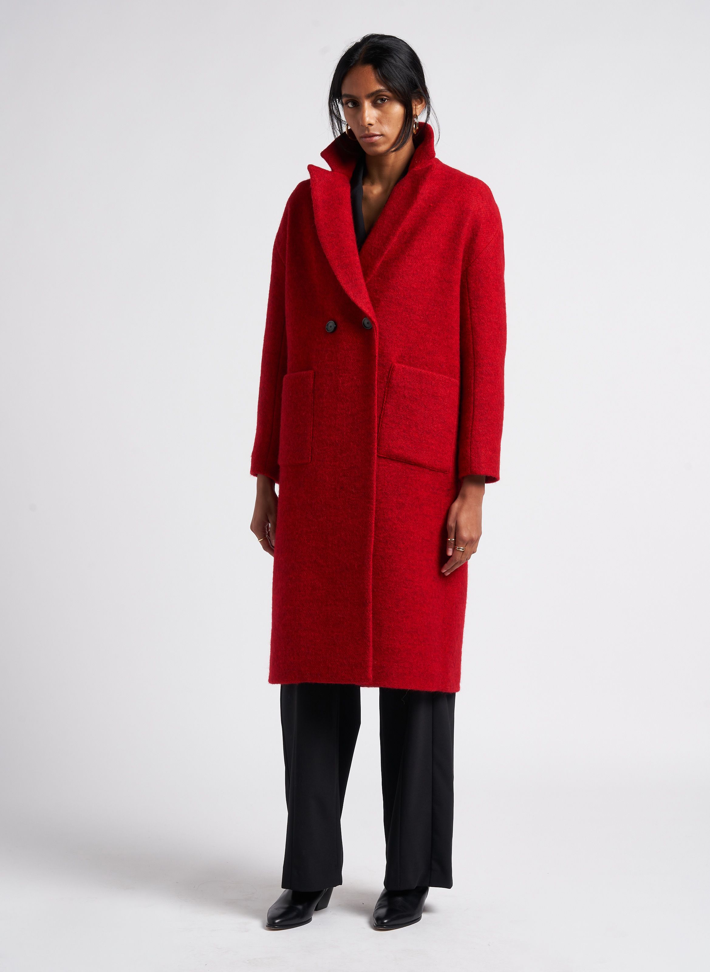 Manteau long col tailleur en laine m lang e Rouge