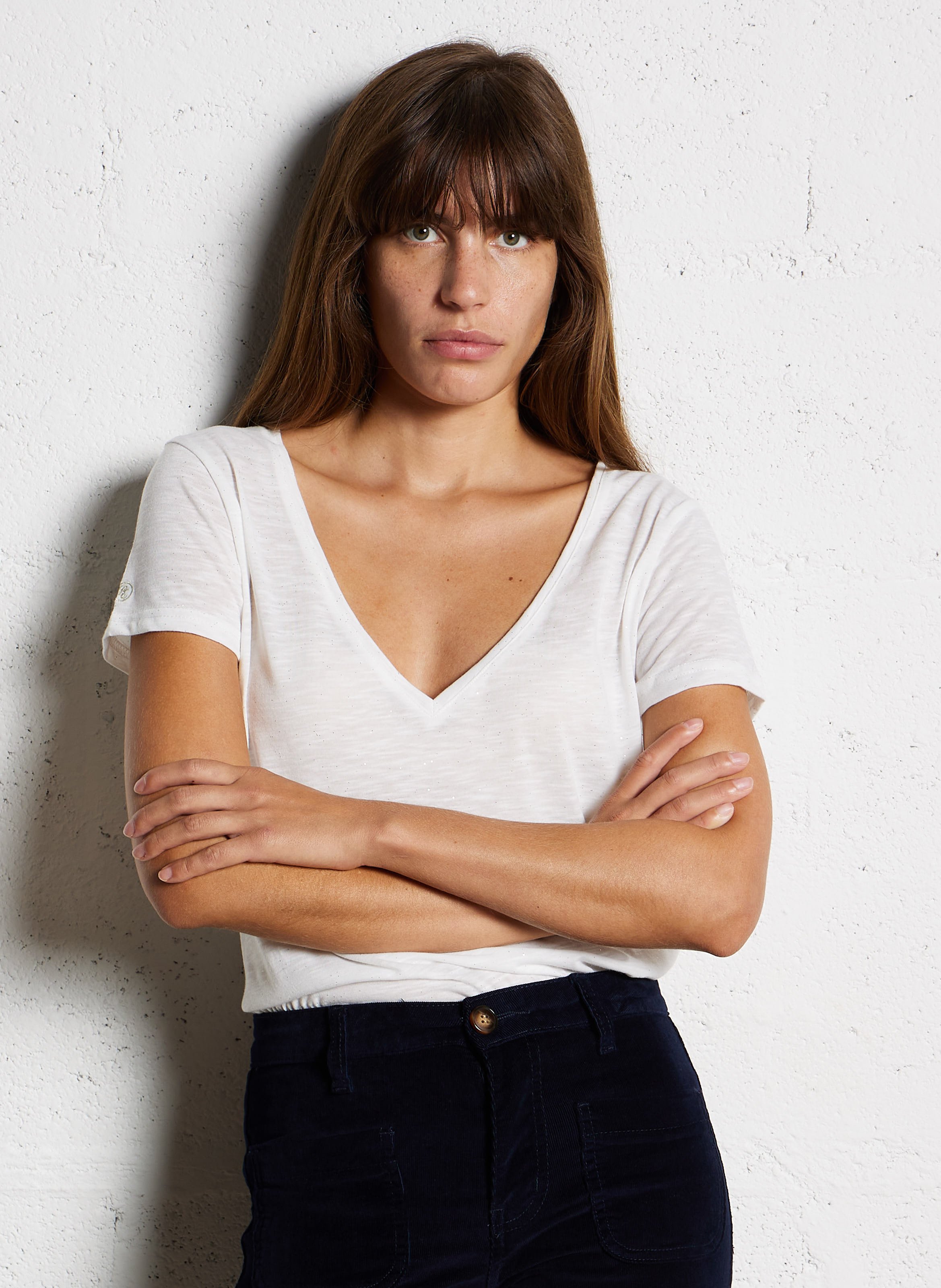 Tee-shirt col V droit pailleté LA PETITE ETOILE Blanc