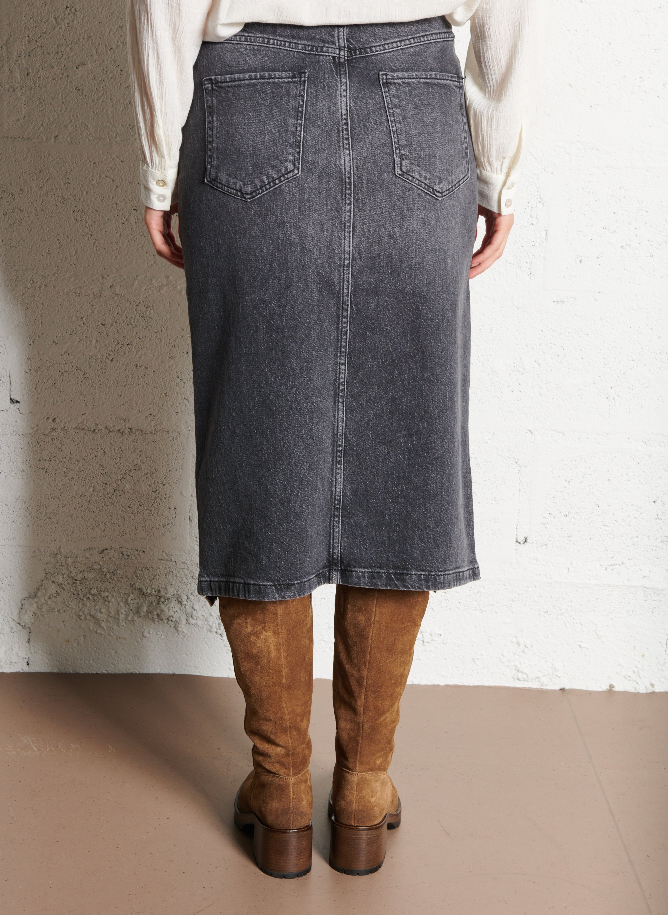 Jupe midi droite en denim stretch MAISON 123 Gris