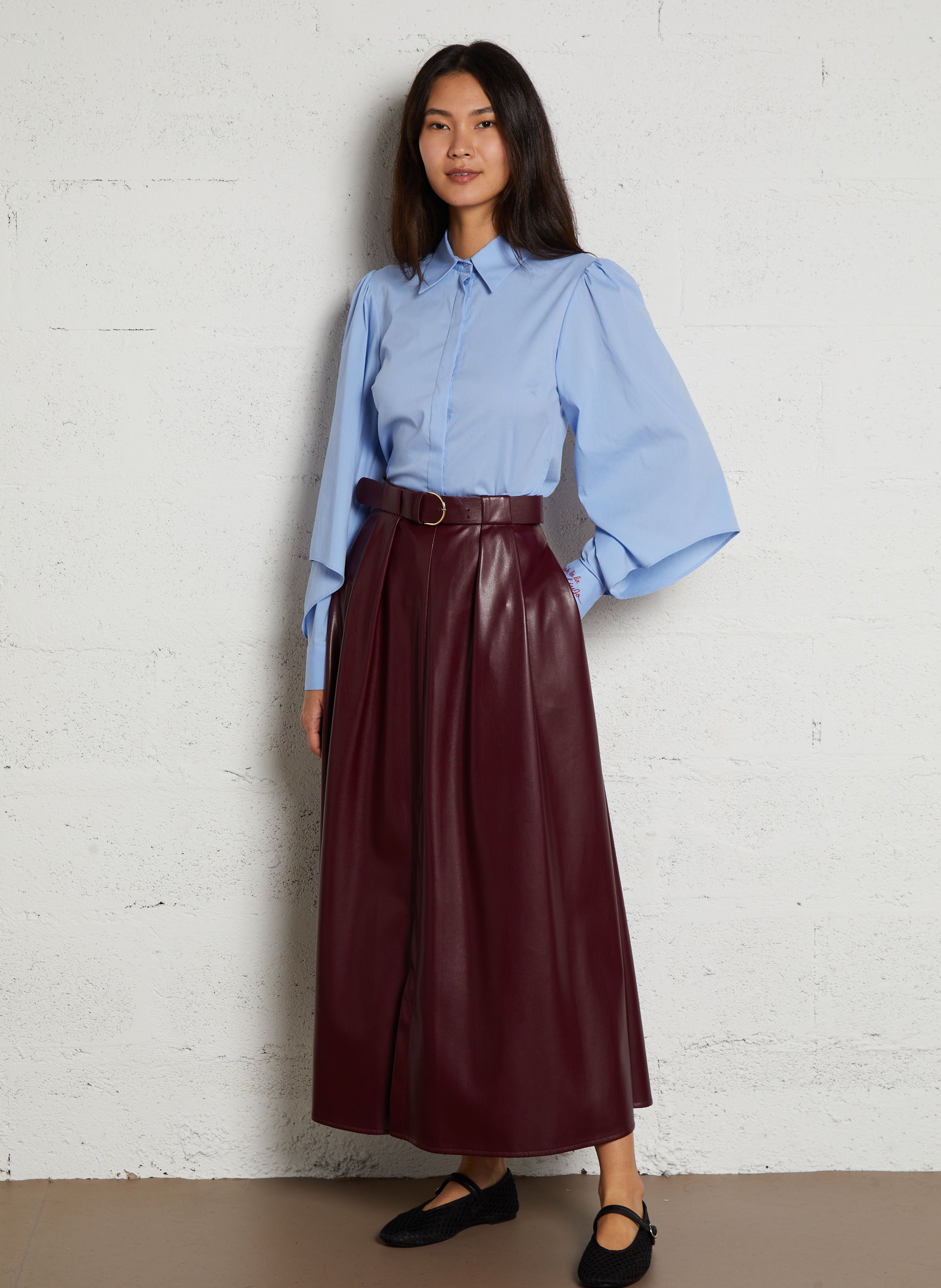 Flared faux leather midi skirt Red