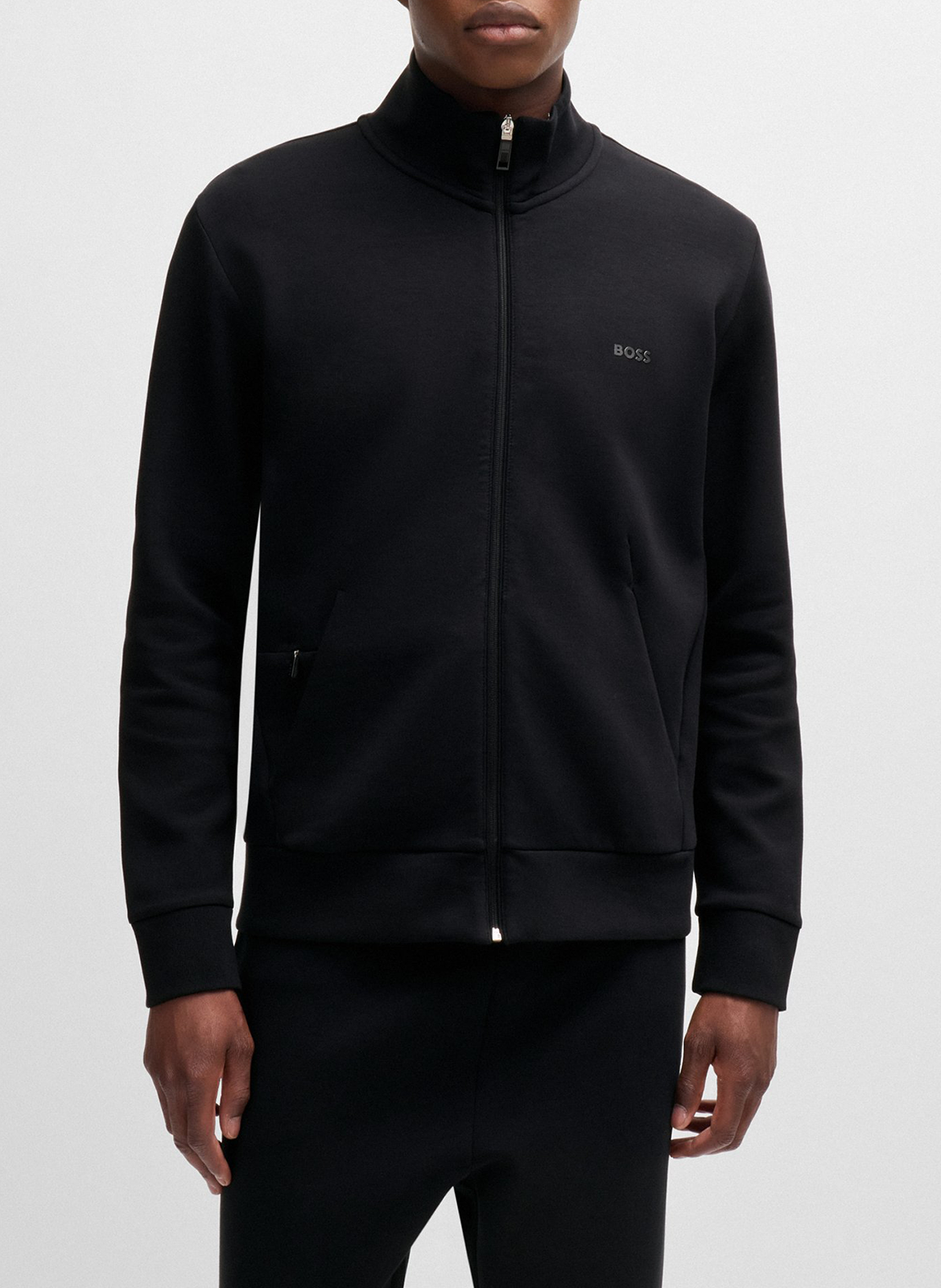 Screen-printed stretch cotton straight zipped sweater BOSS Black