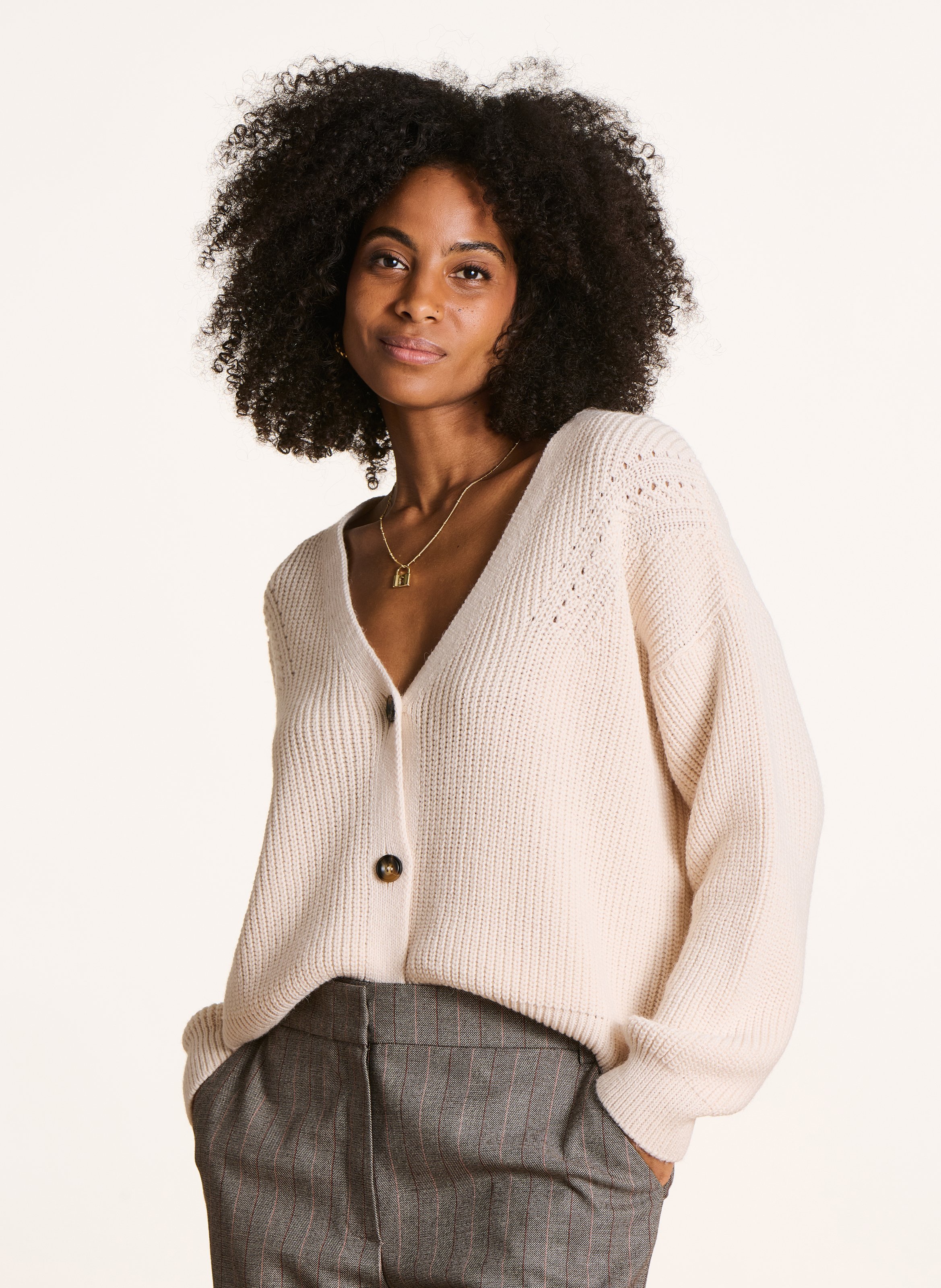 Loose-fit mixed-knit V-neck cardigan LA FEE MARABOUTEE