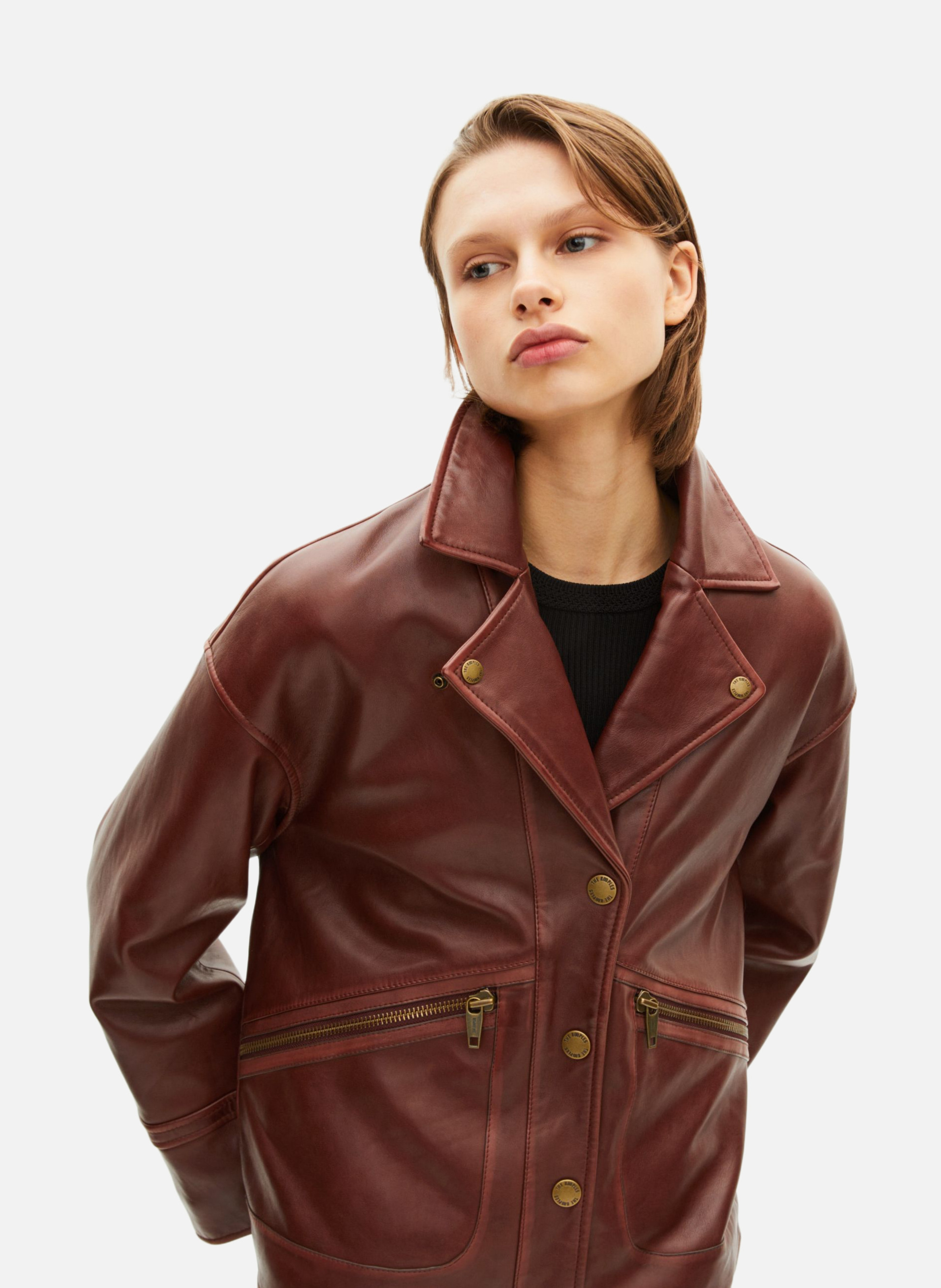 Oversized leather jacket THE KOOPLES Brown
