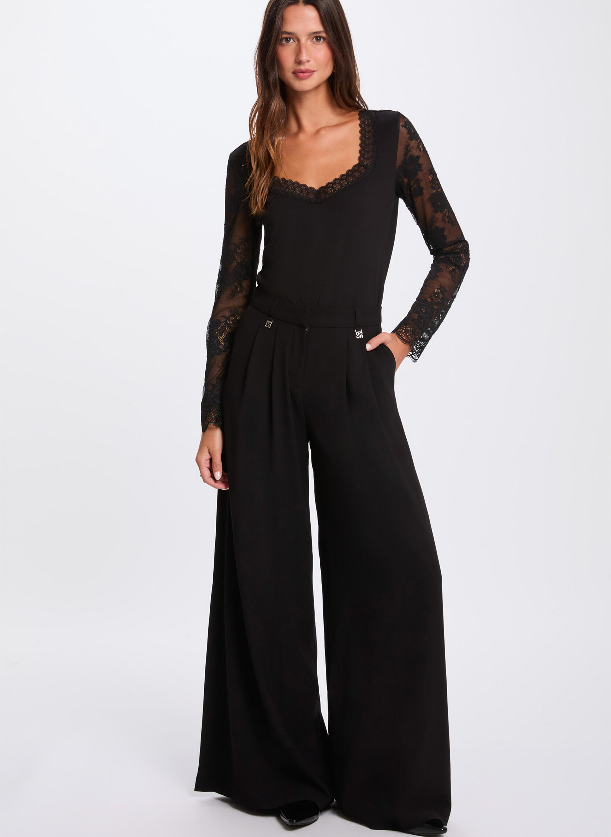 Tee-shirt cintré à manches dentelle MORGAN Noir