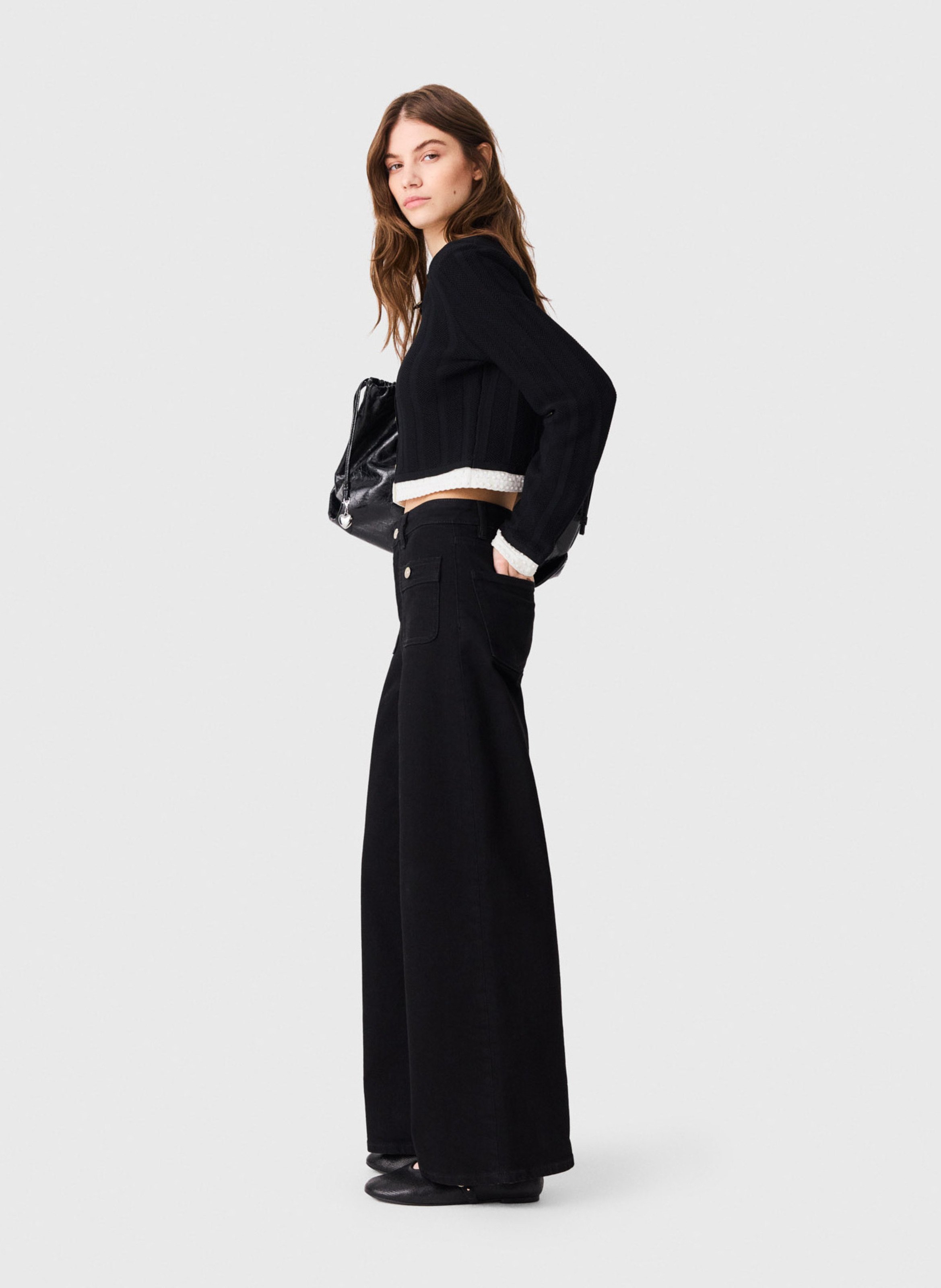 Jean flare taille haute en coton mélangé MAJE Noir
