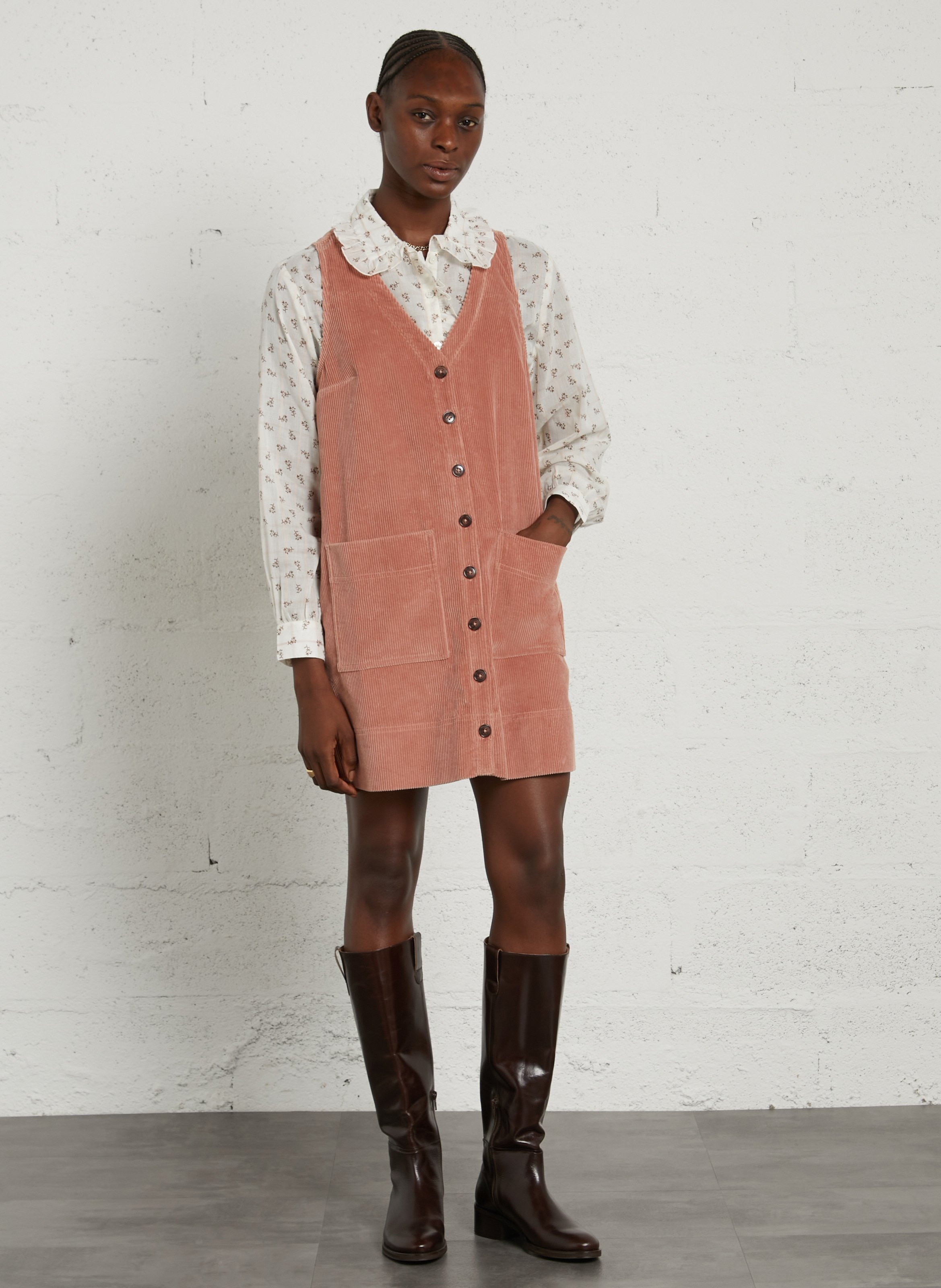 Kurzes Baumwollkleid mit V-Ausschnitt DES PETITS HAUTS Rosa