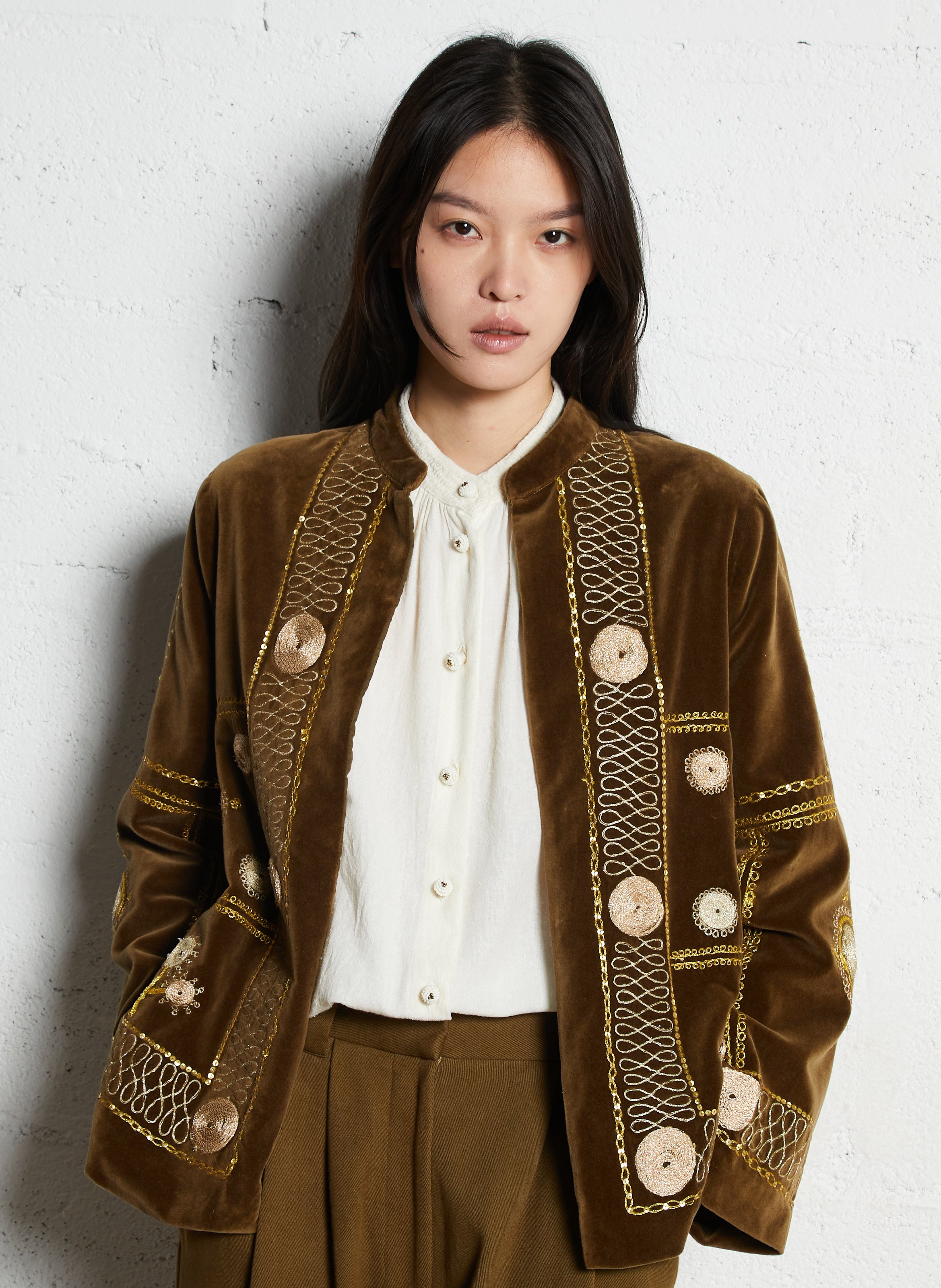 Straight velvet embroidered jacket V DE VINSTER Khaki