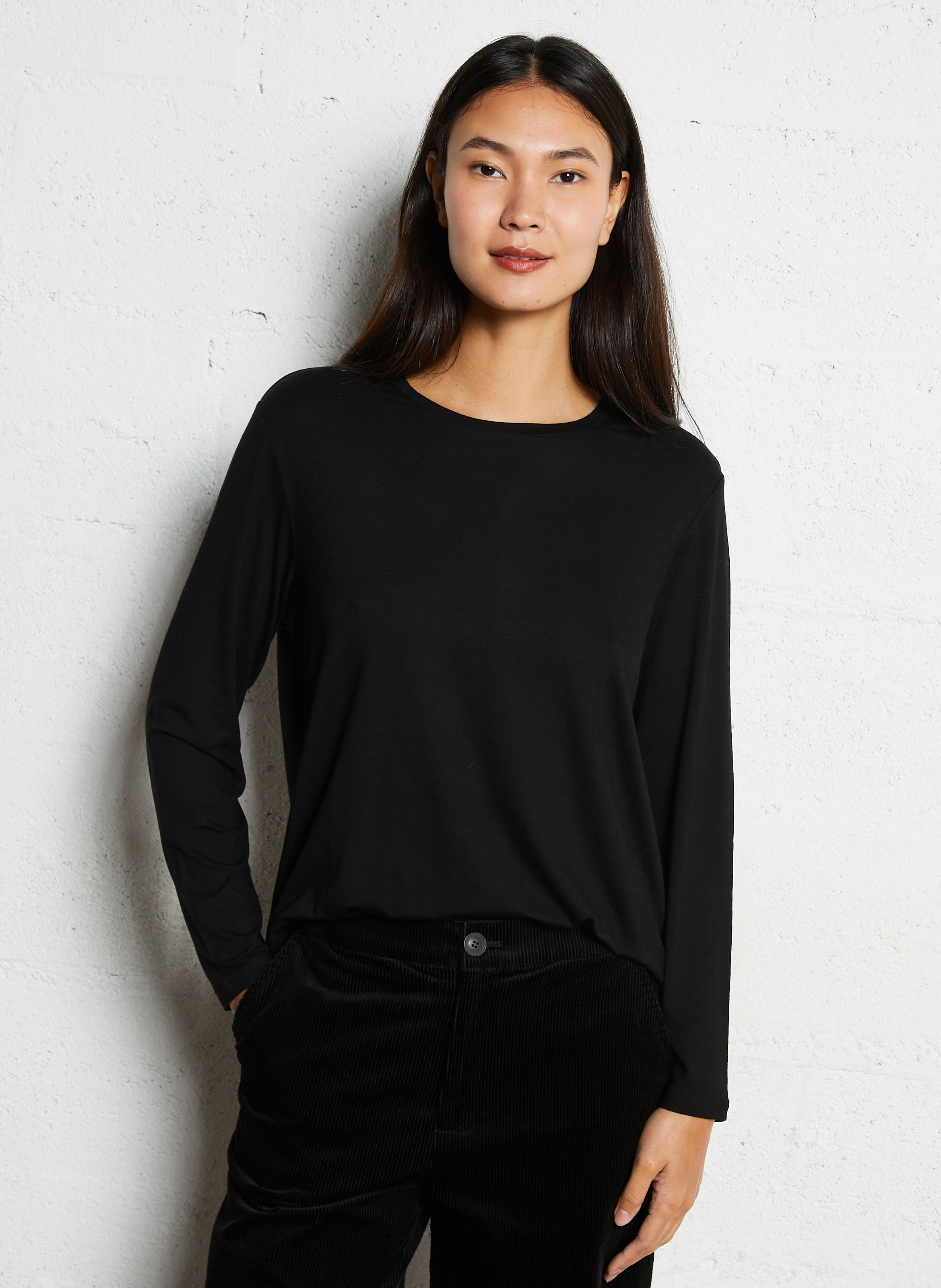 Tee-shirt manches longues col rond uni MAJESTIC FILATURES Noir