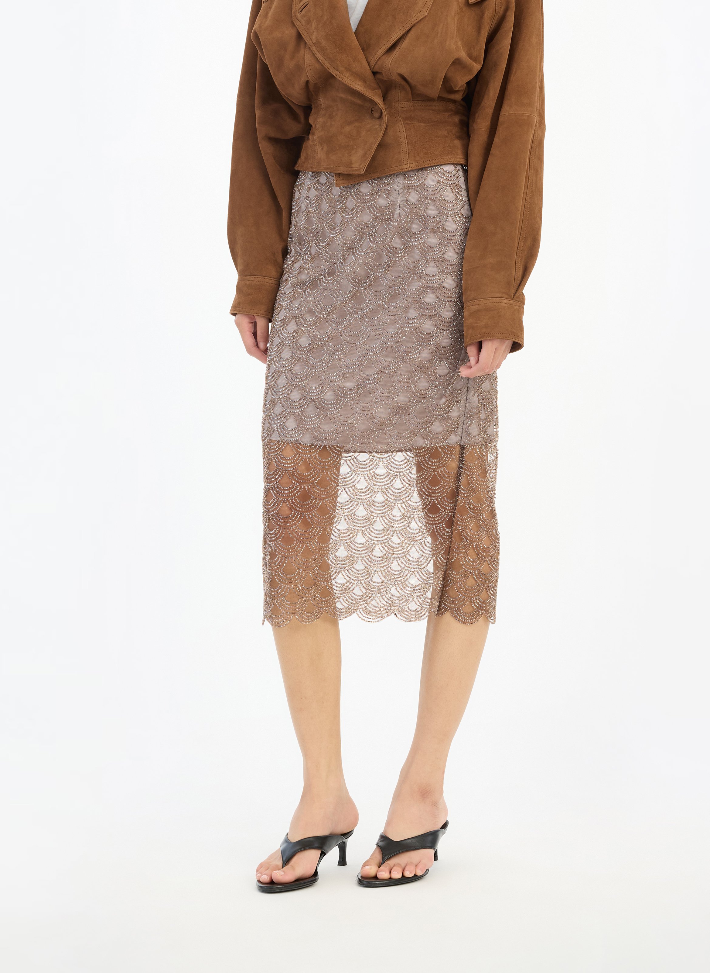 Jupe midi en transparence et perles ROTATE Gris