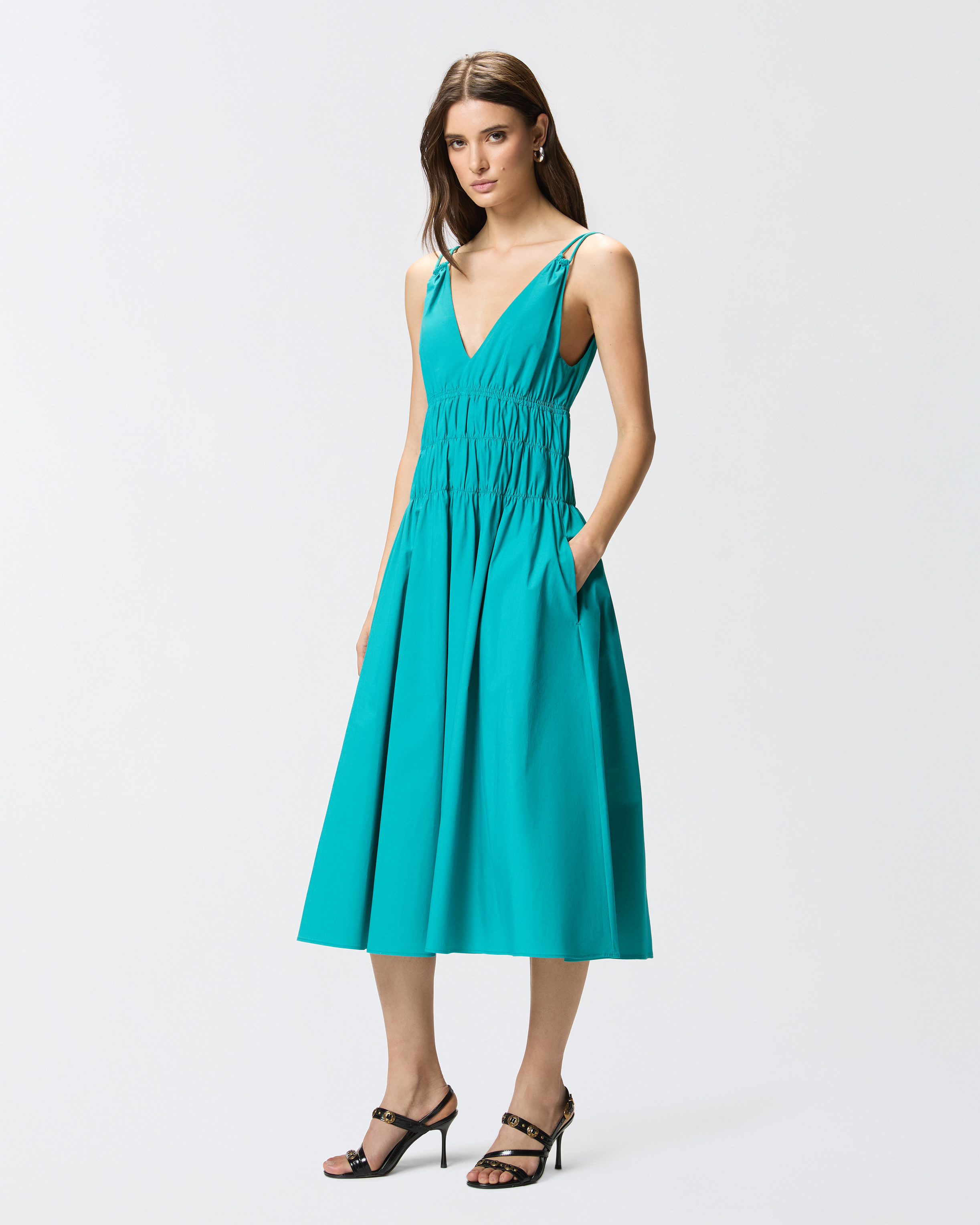 Sleeveless midi dress with pleats and gathers Green