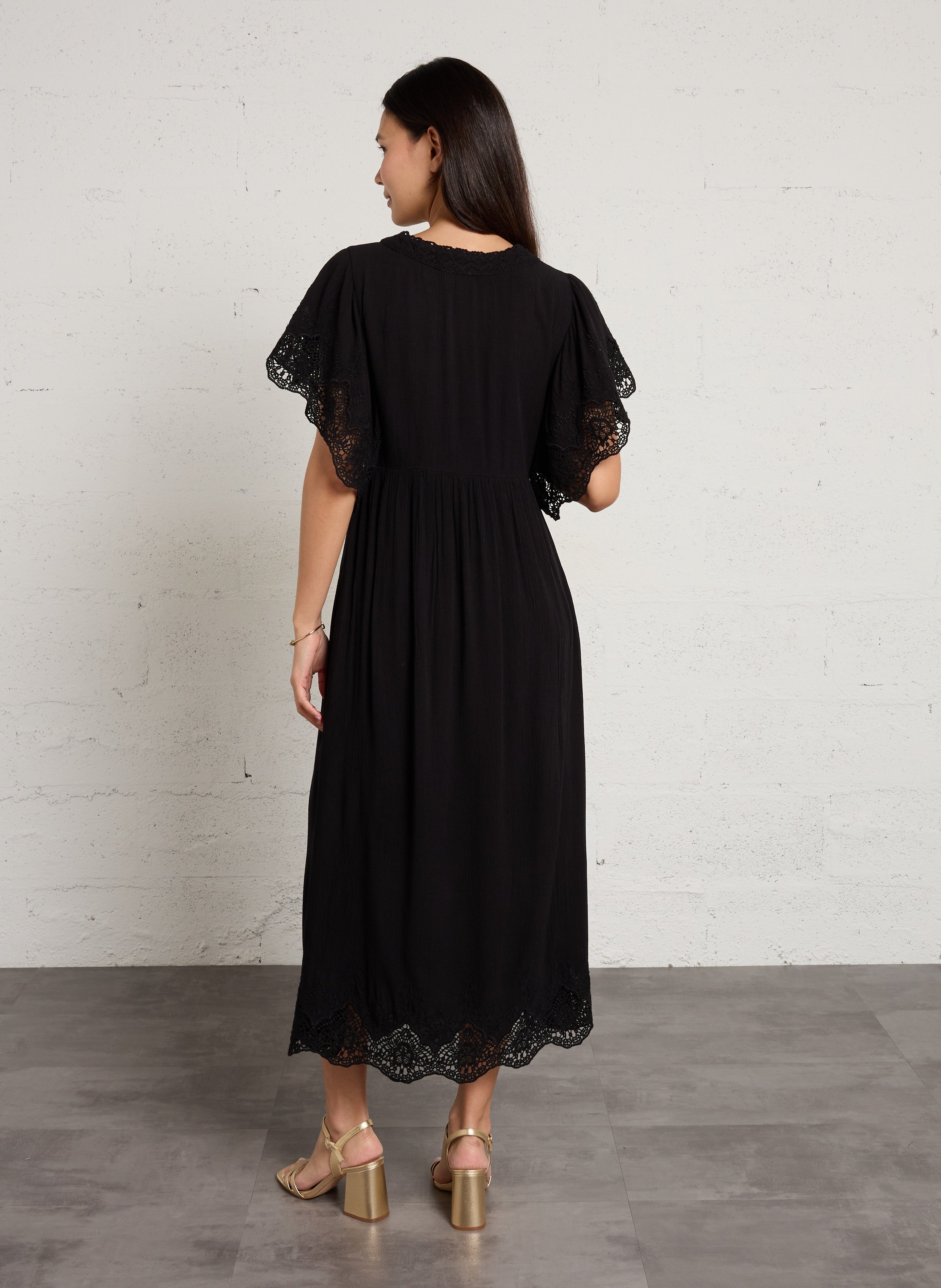 Vestido largo con cuello en V y bordados MAISON 123 Negro