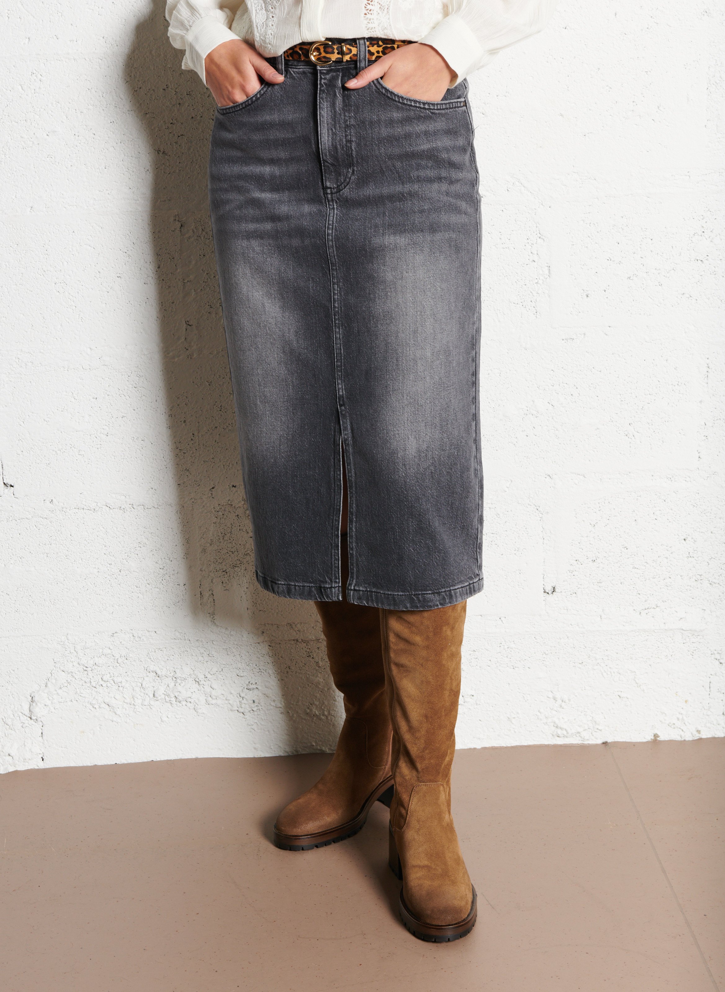 Jupe midi droite en denim stretch MAISON 123 Gris