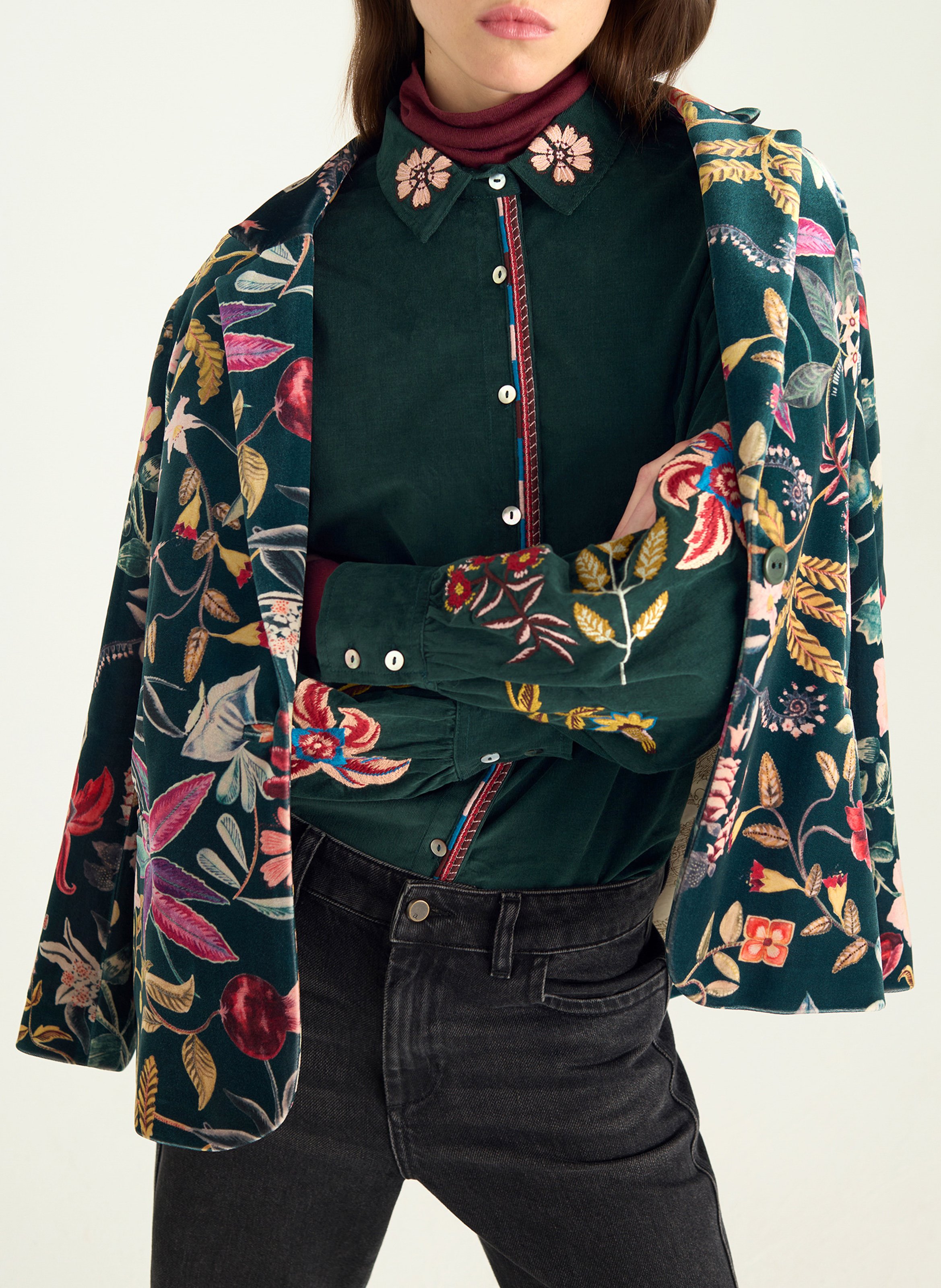 Chemise droite unie à broderies COTELAC Vert